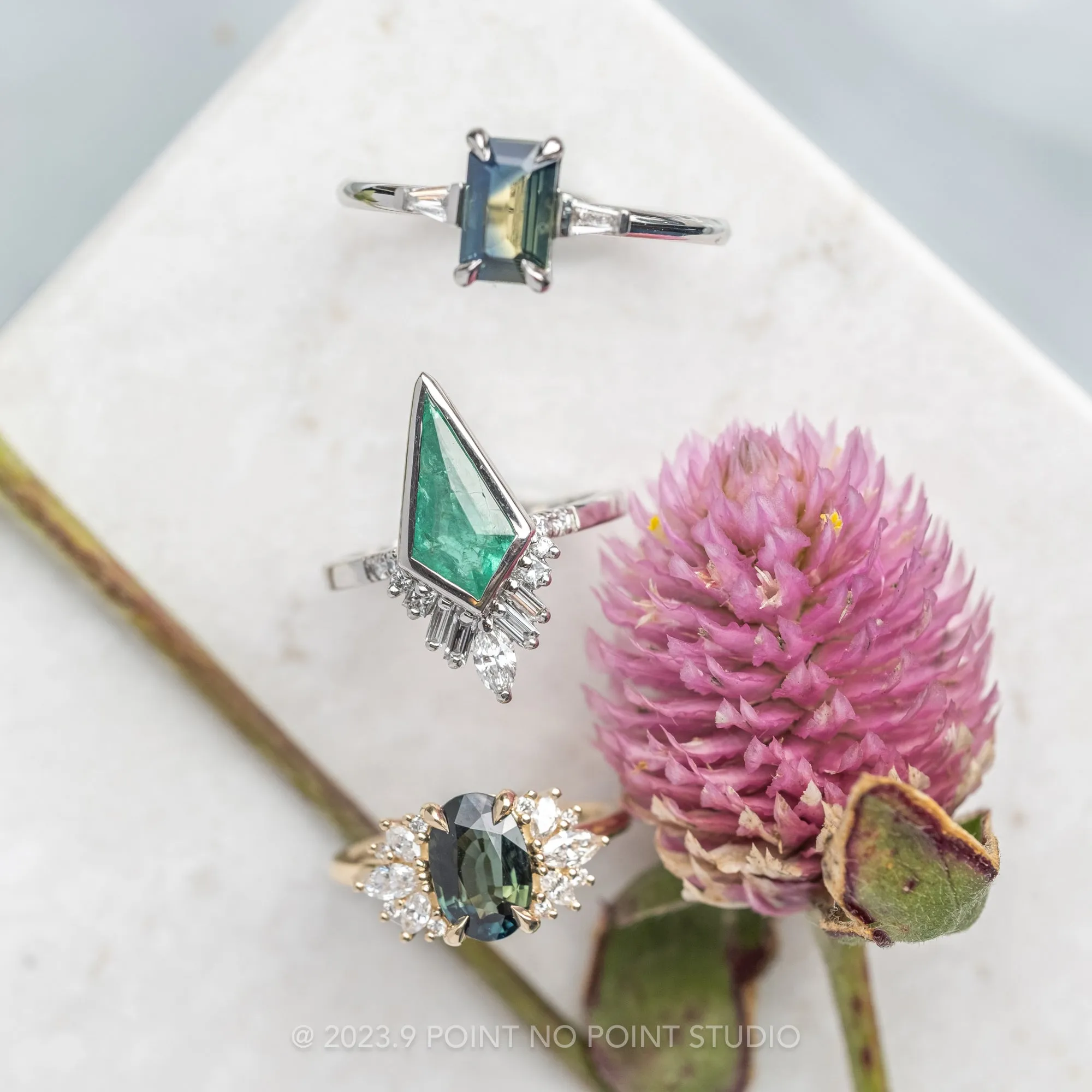 1.04 Carat Yellow-Green Emerald Sapphire and Diamond Engagement Ring, Zoe Setting, Platinum
