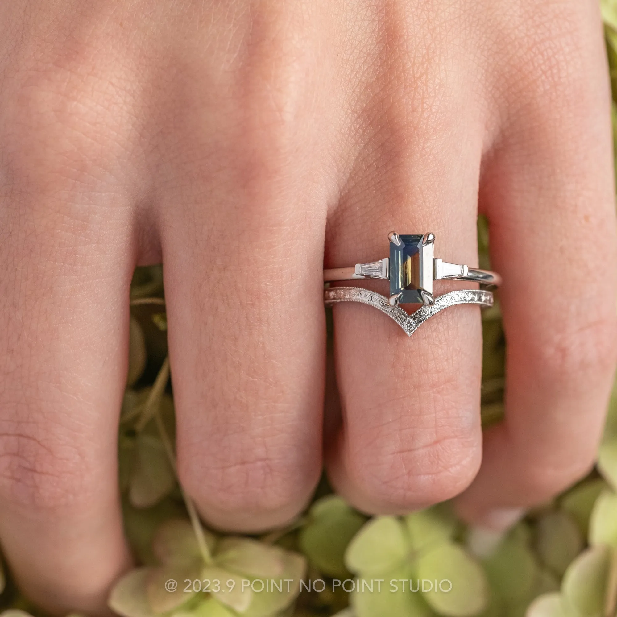 1.04 Carat Yellow-Green Emerald Sapphire and Diamond Engagement Ring, Zoe Setting, Platinum