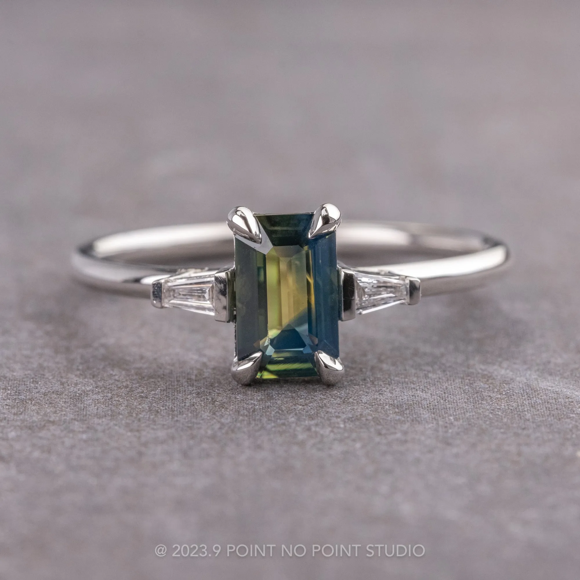 1.04 Carat Yellow-Green Emerald Sapphire and Diamond Engagement Ring, Zoe Setting, Platinum