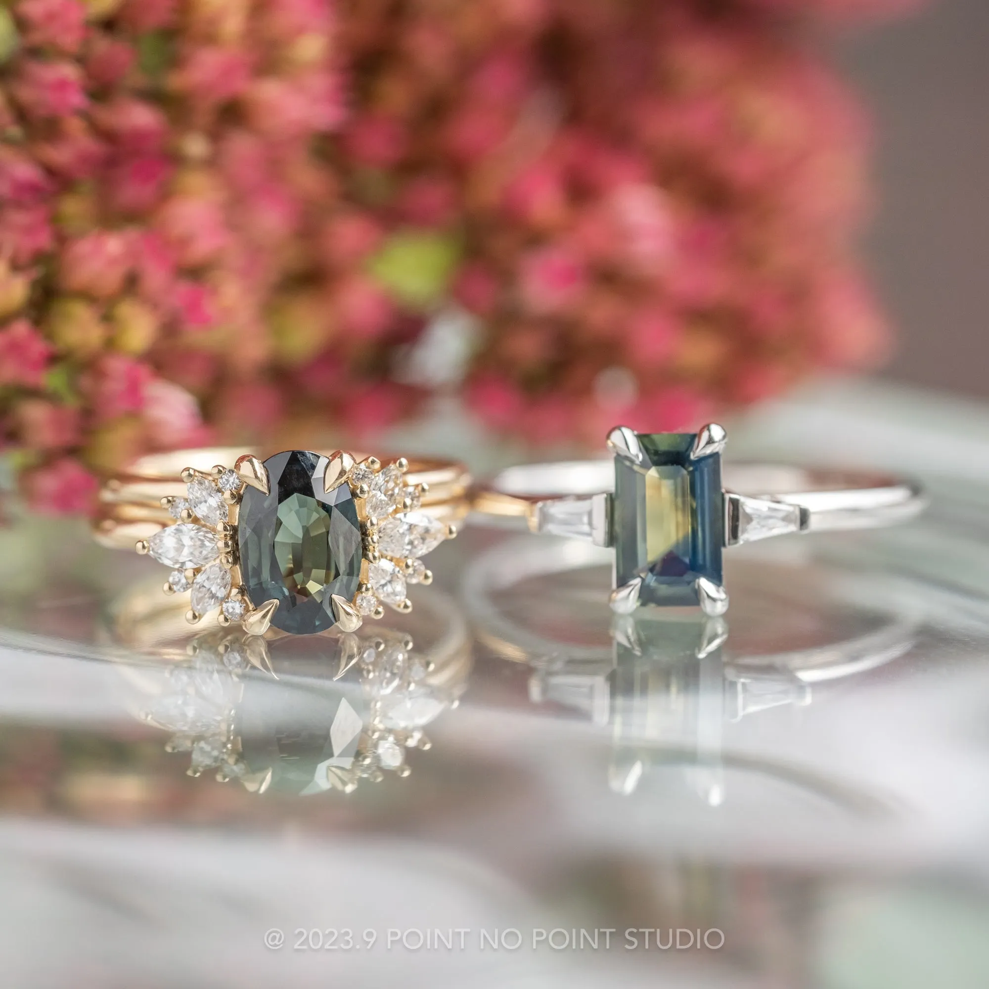 1.04 Carat Yellow-Green Emerald Sapphire and Diamond Engagement Ring, Zoe Setting, Platinum