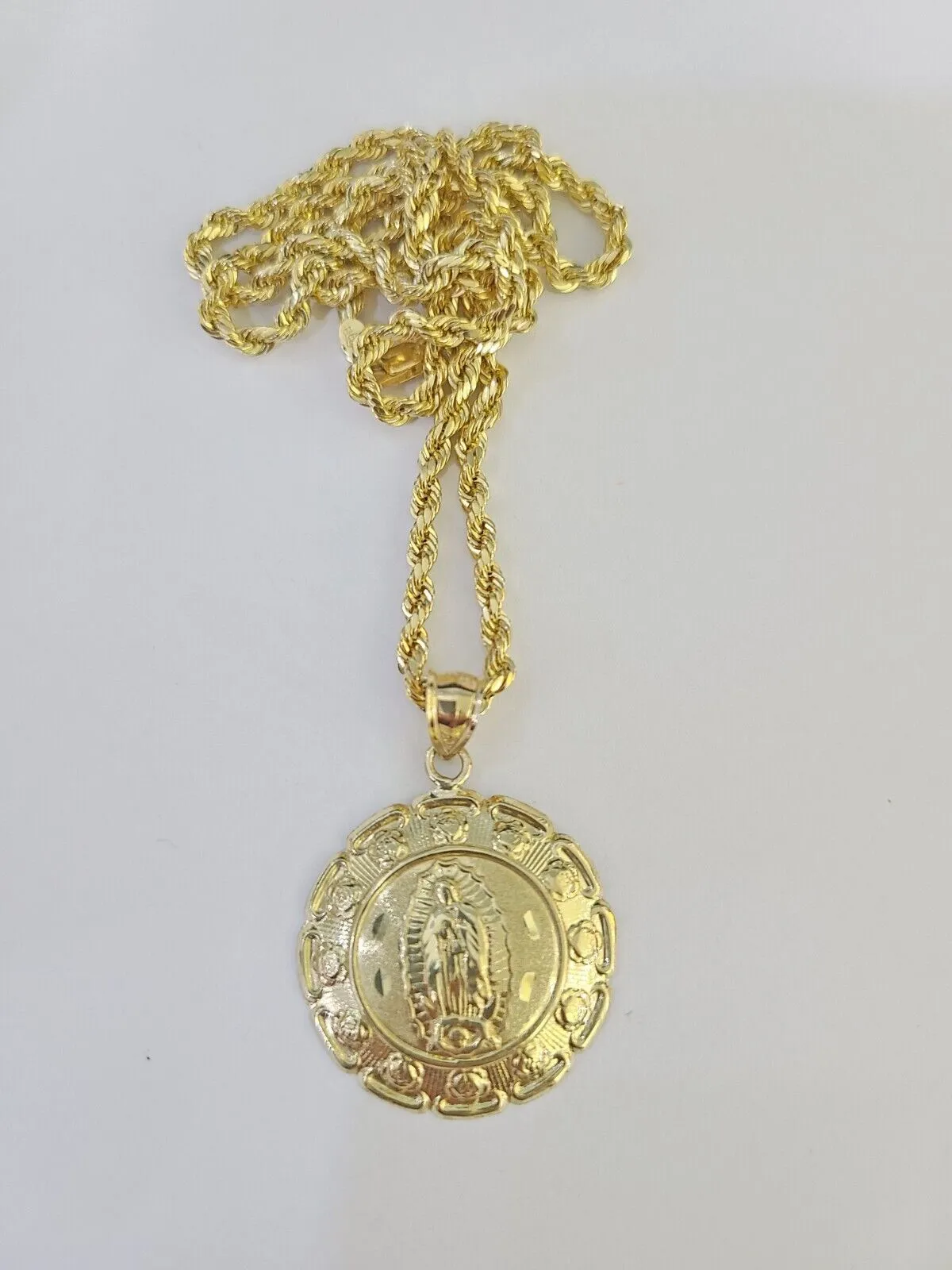 10k 3mm Rope Chain Virgin Mary Pendant 18"-30" Yellow Gold Set Charm Necklace