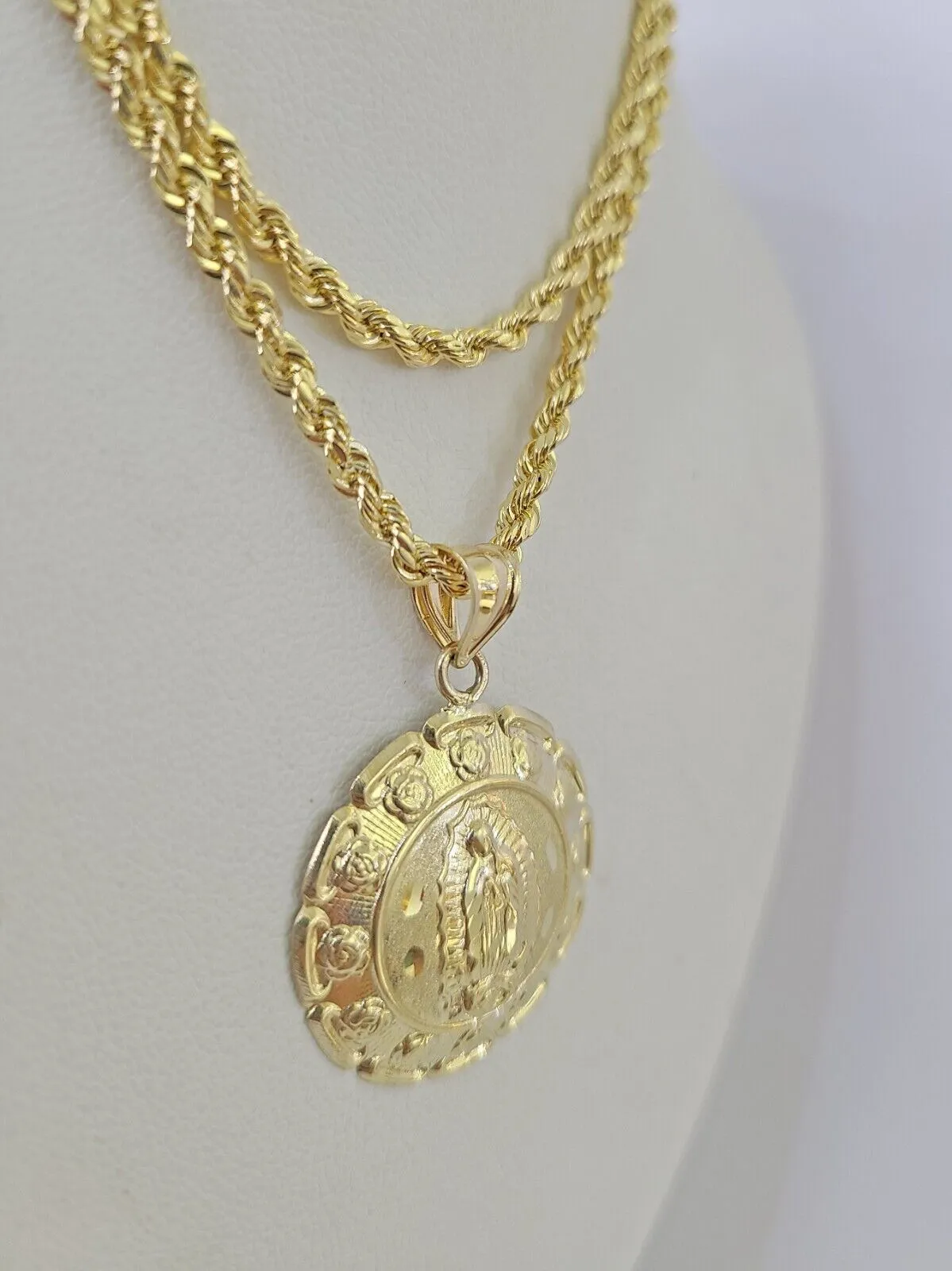 10k 3mm Rope Chain Virgin Mary Pendant 18"-30" Yellow Gold Set Charm Necklace