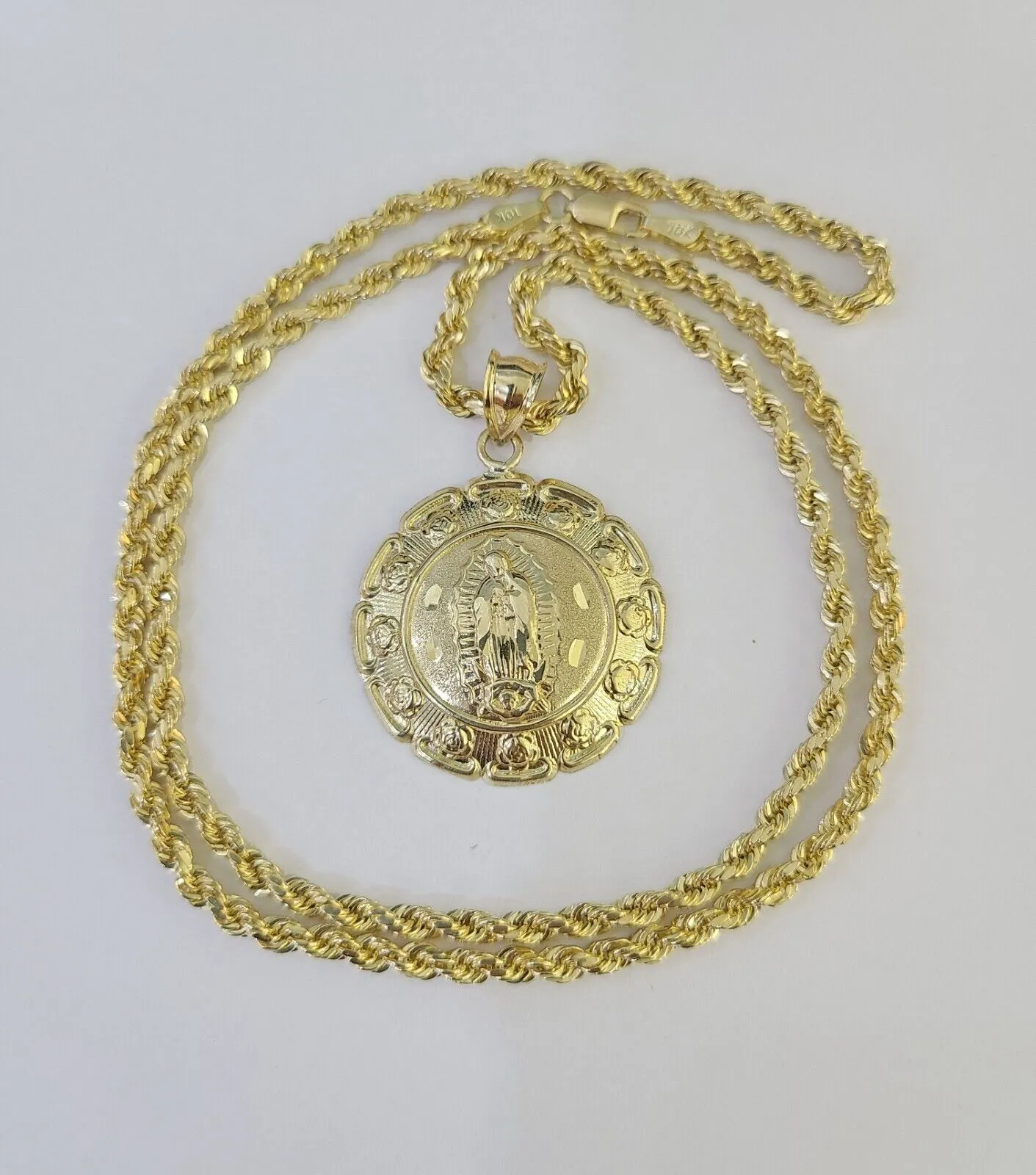 10k 3mm Rope Chain Virgin Mary Pendant 18"-30" Yellow Gold Set Charm Necklace