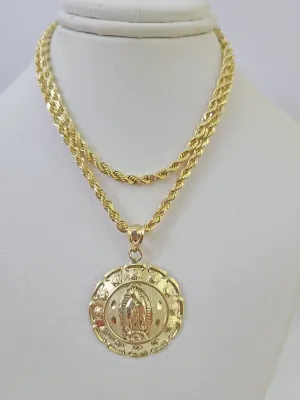 10k 3mm Rope Chain Virgin Mary Pendant 18"-30" Yellow Gold Set Charm Necklace