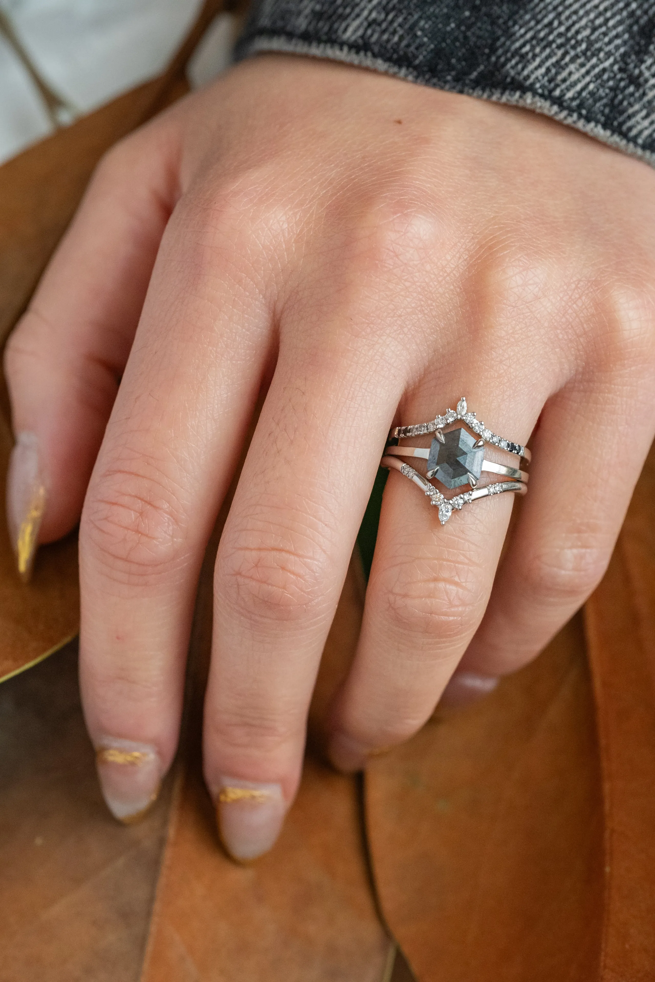 1.19 Carat Black Speckled Hexagon Diamond Engagement Ring, Jane Setting, 14k White Gold