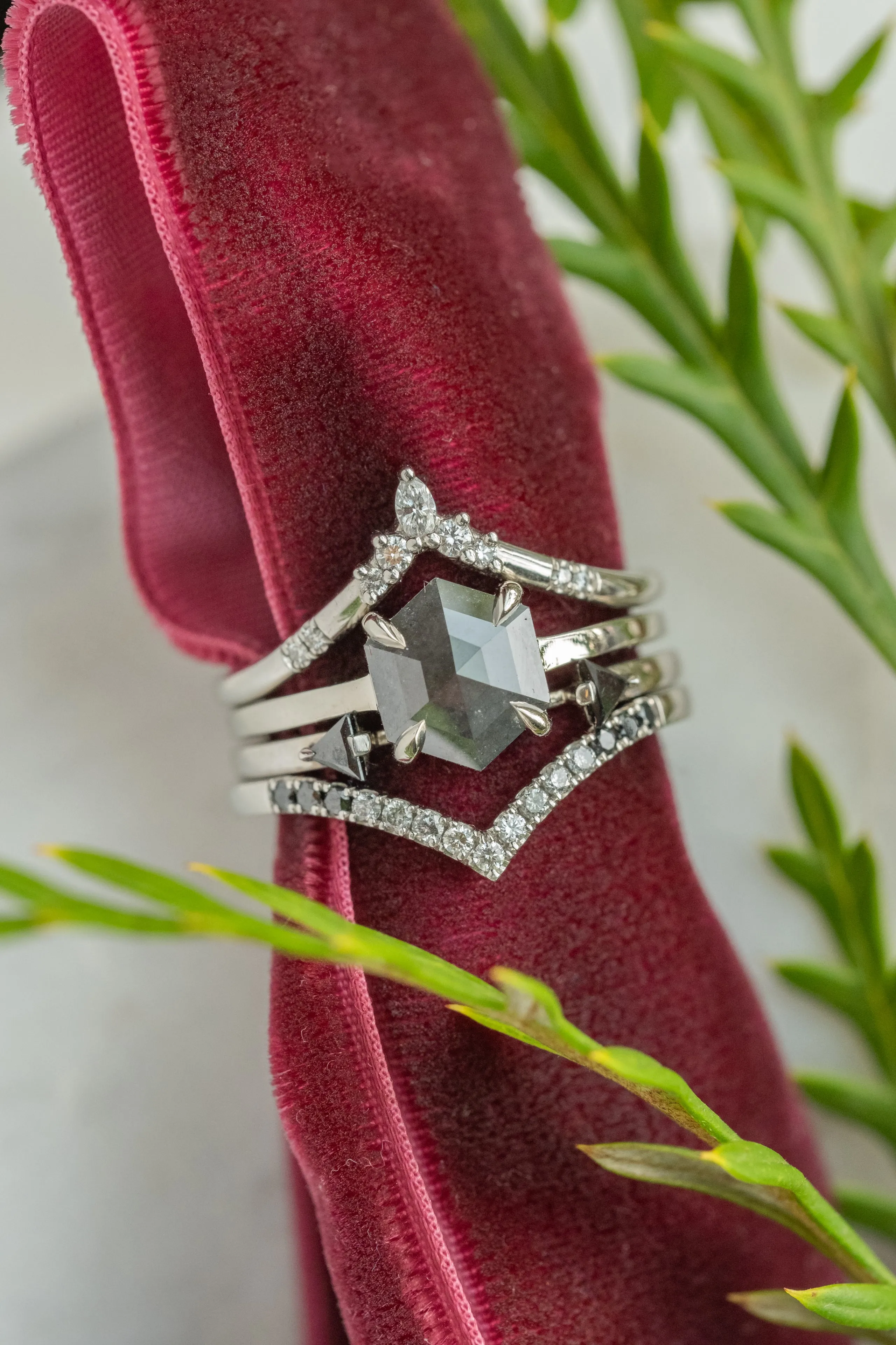 1.19 Carat Black Speckled Hexagon Diamond Engagement Ring, Jane Setting, 14k White Gold