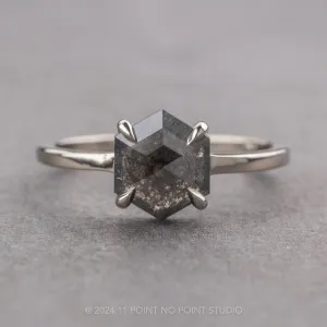 1.19 Carat Black Speckled Hexagon Diamond Engagement Ring, Jane Setting, 14k White Gold
