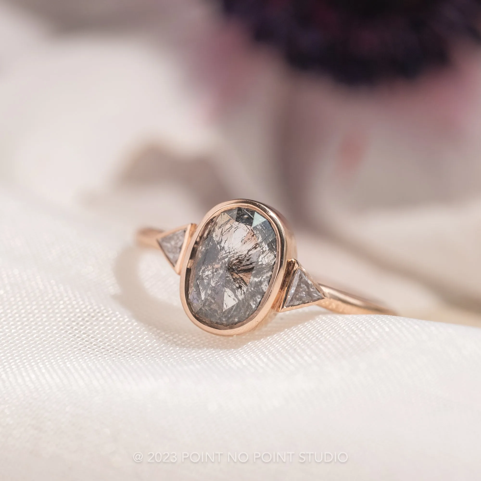 1.19 Carat Black Speckled Oval Diamond Engagement Ring, Bezel Zoe Setting, 14K Rose Gold