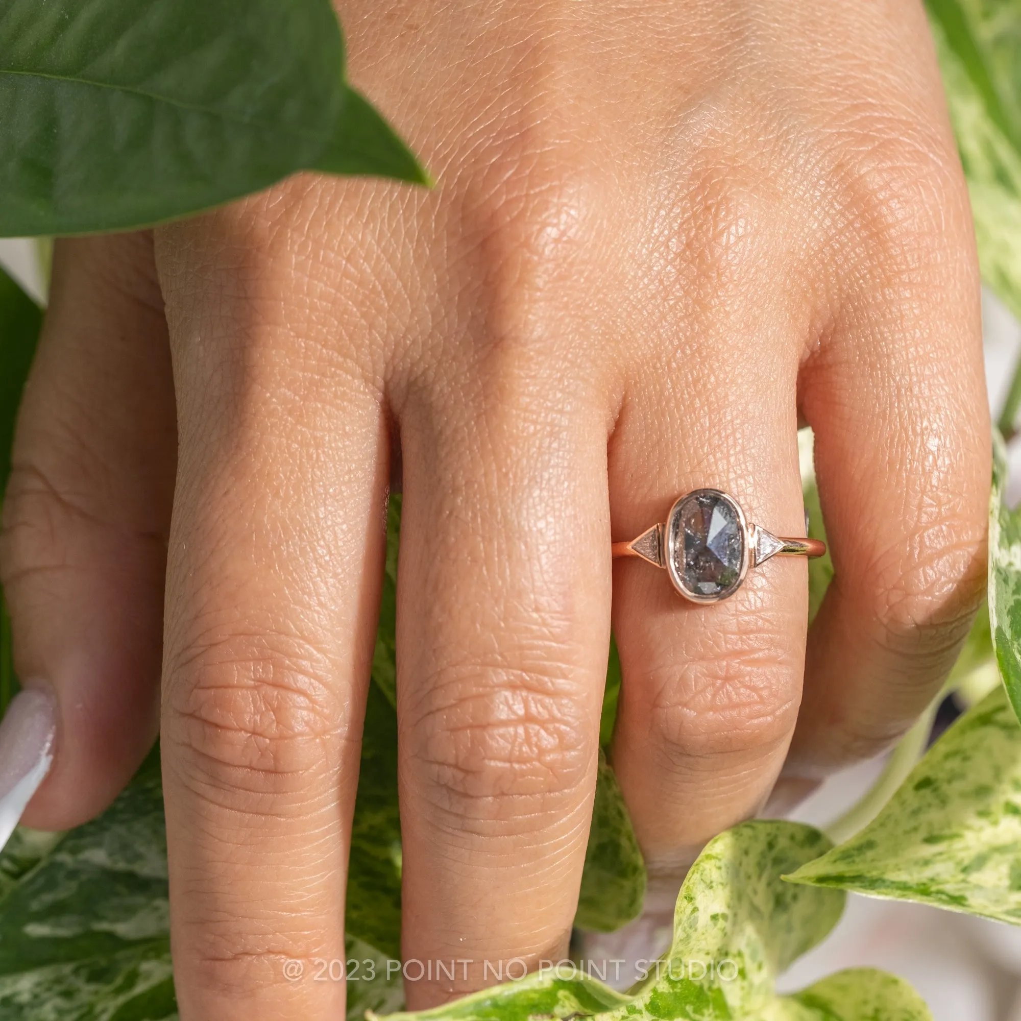 1.19 Carat Black Speckled Oval Diamond Engagement Ring, Bezel Zoe Setting, 14K Rose Gold