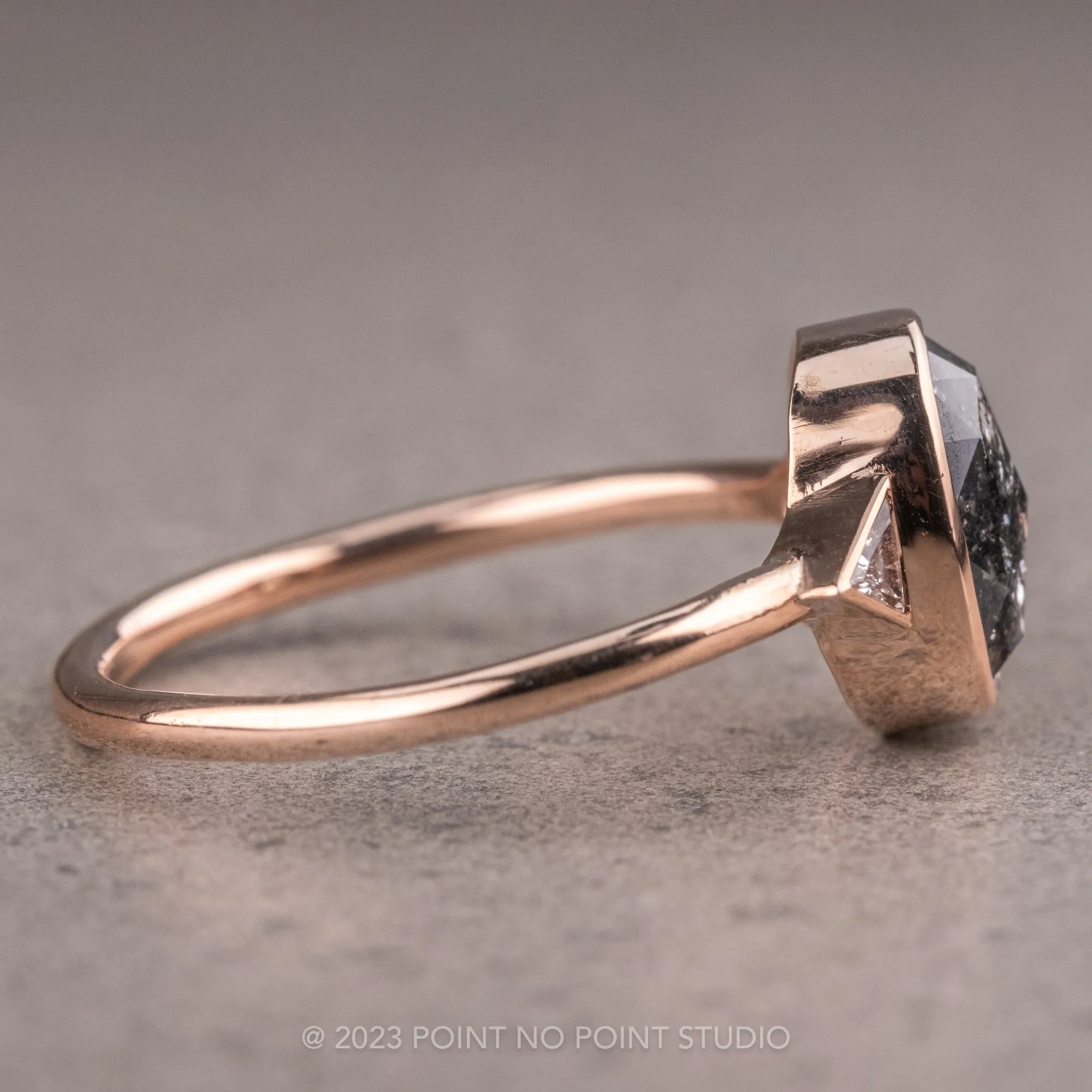 1.19 Carat Black Speckled Oval Diamond Engagement Ring, Bezel Zoe Setting, 14K Rose Gold
