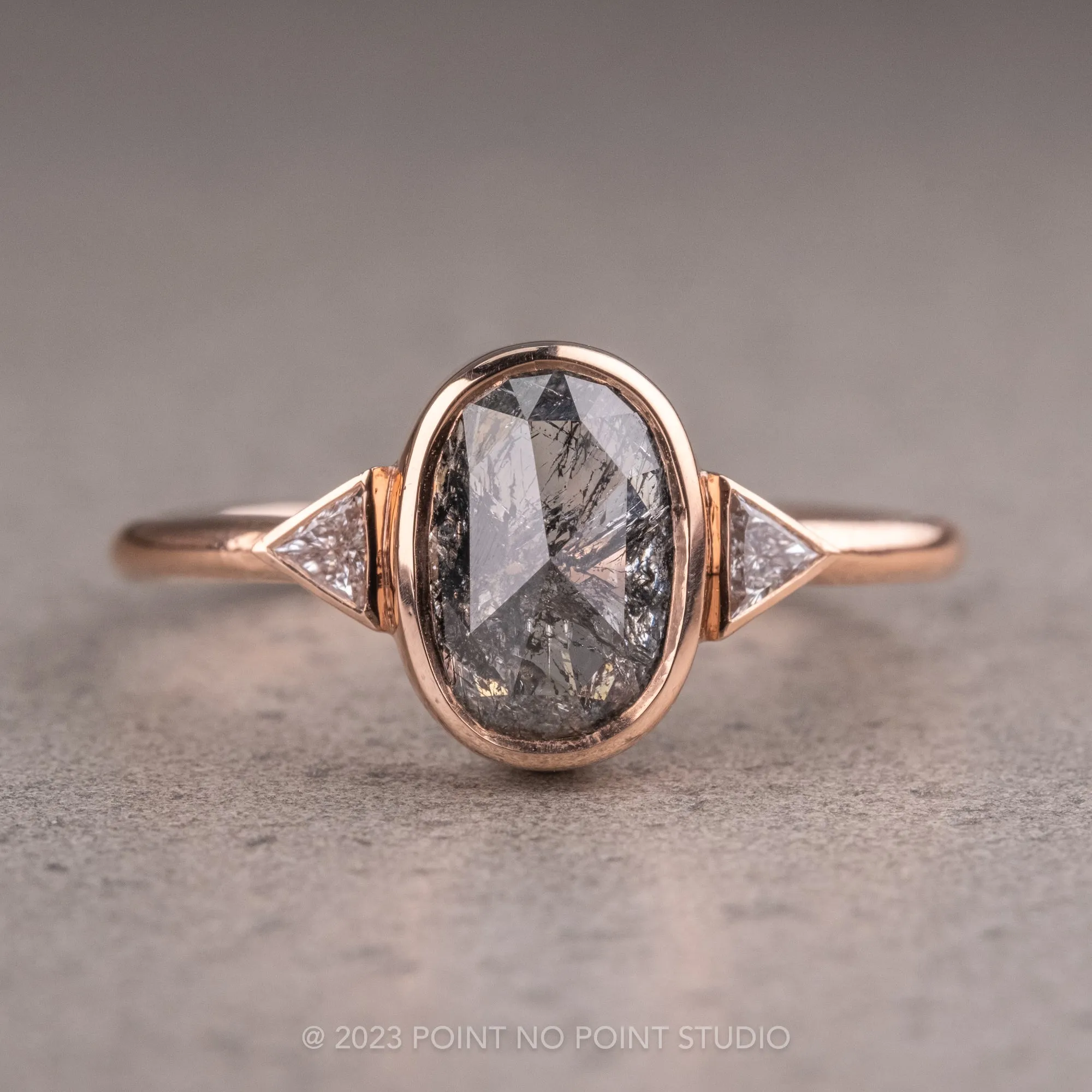 1.19 Carat Black Speckled Oval Diamond Engagement Ring, Bezel Zoe Setting, 14K Rose Gold