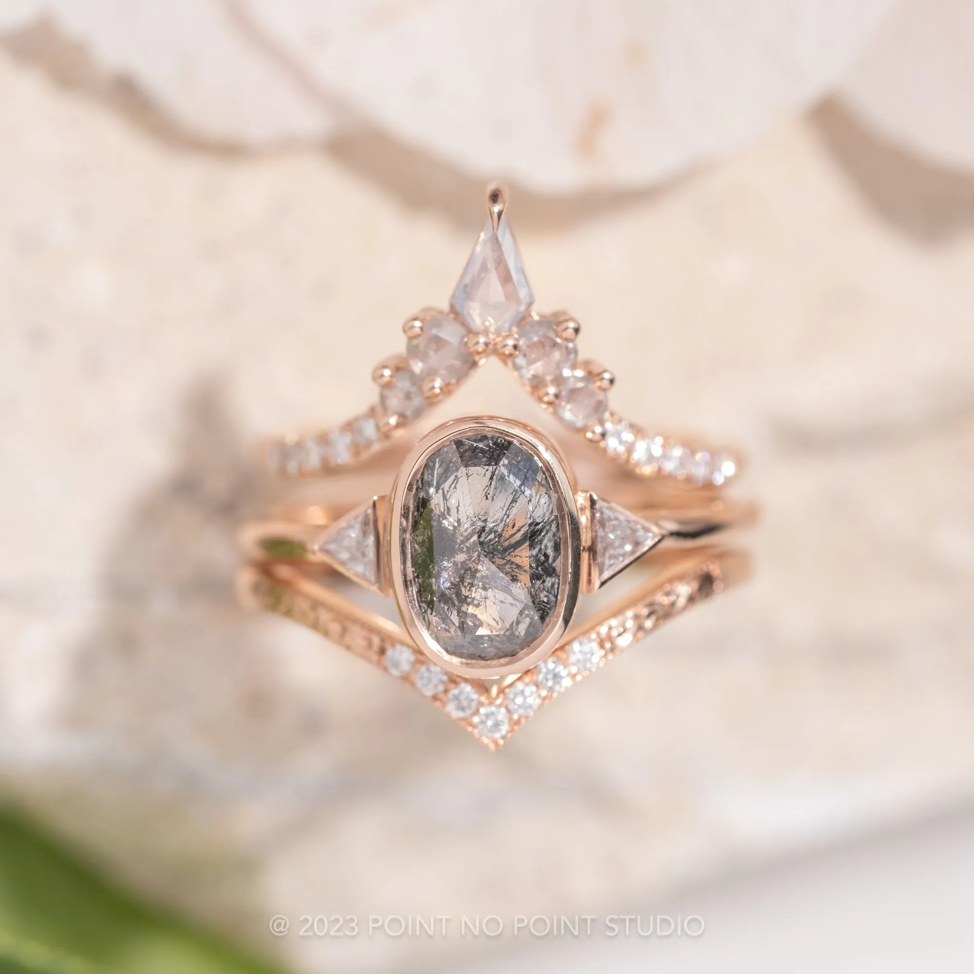 1.19 Carat Black Speckled Oval Diamond Engagement Ring, Bezel Zoe Setting, 14K Rose Gold