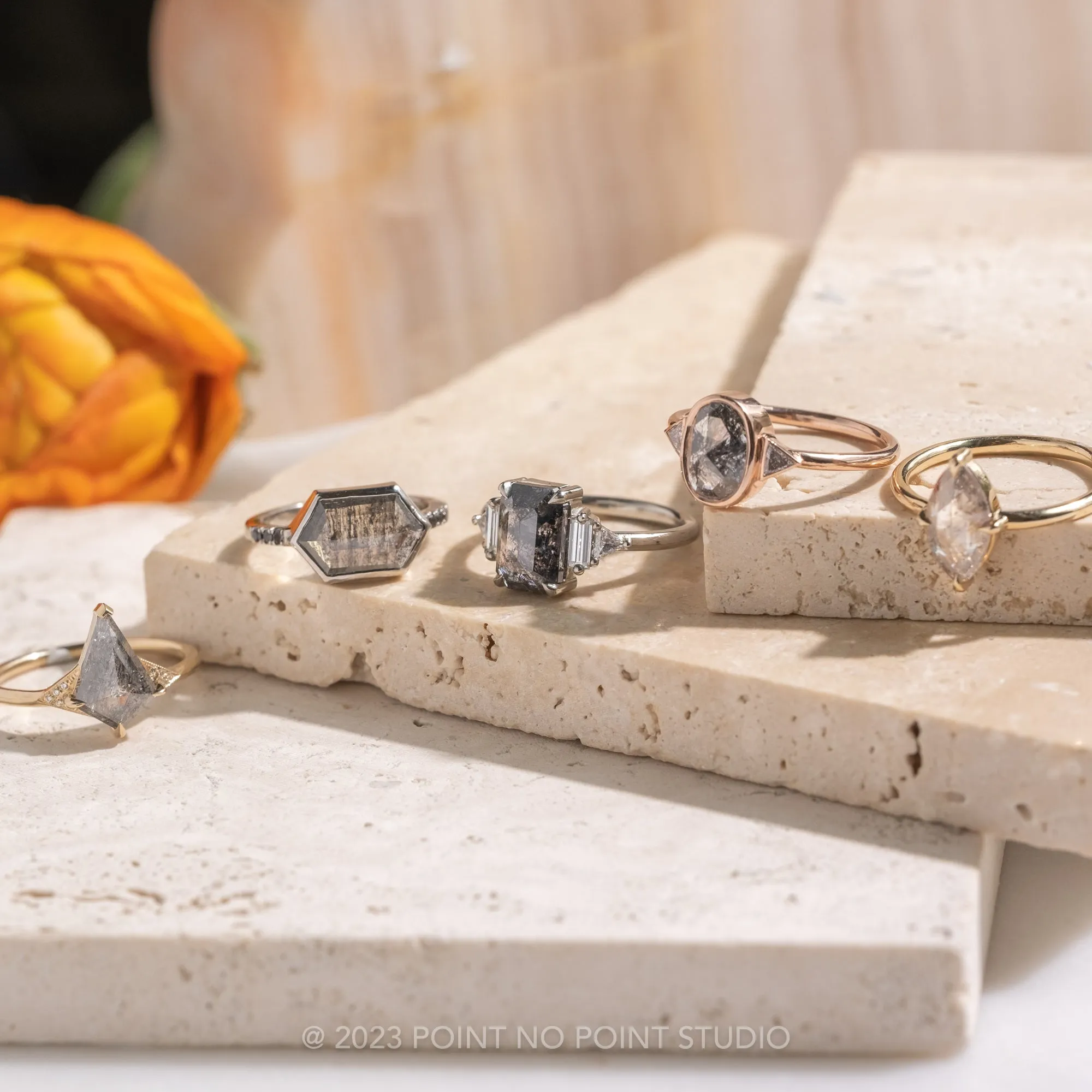 1.19 Carat Black Speckled Oval Diamond Engagement Ring, Bezel Zoe Setting, 14K Rose Gold