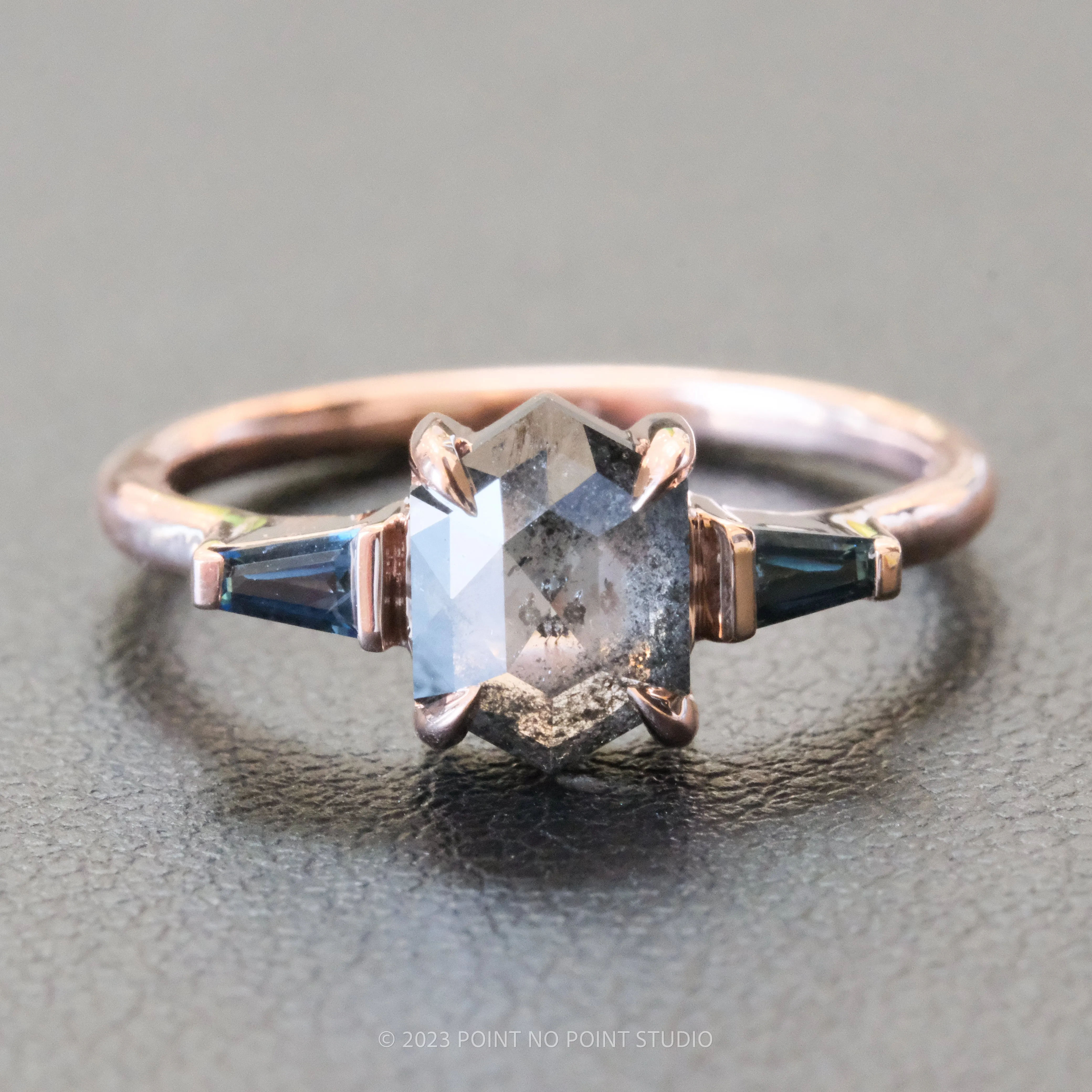 1.25 Carat Salt and Pepper Hexagon Diamond Engagement Ring, Zoe Setting, 14K Rose Gold