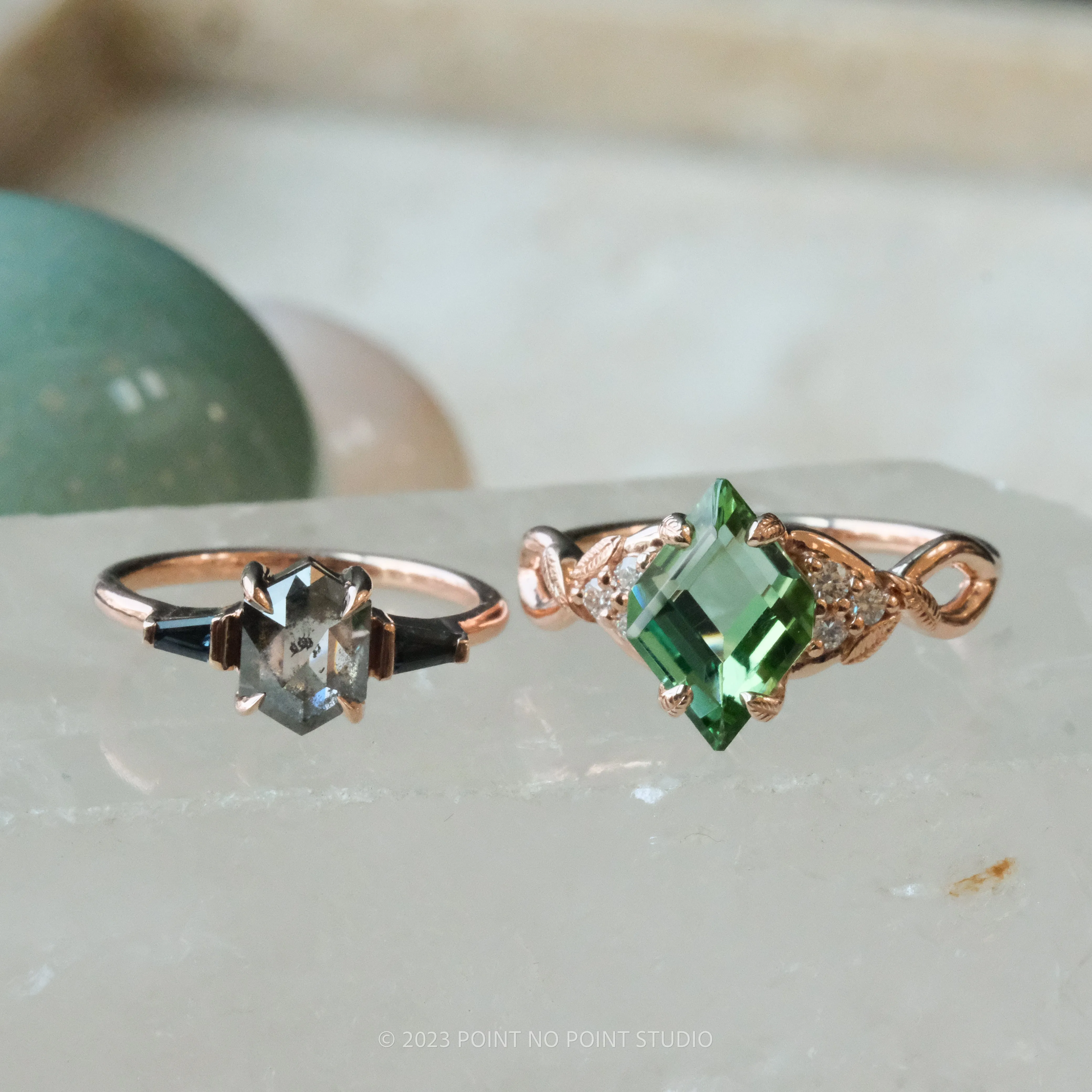 1.25 Carat Salt and Pepper Hexagon Diamond Engagement Ring, Zoe Setting, 14K Rose Gold