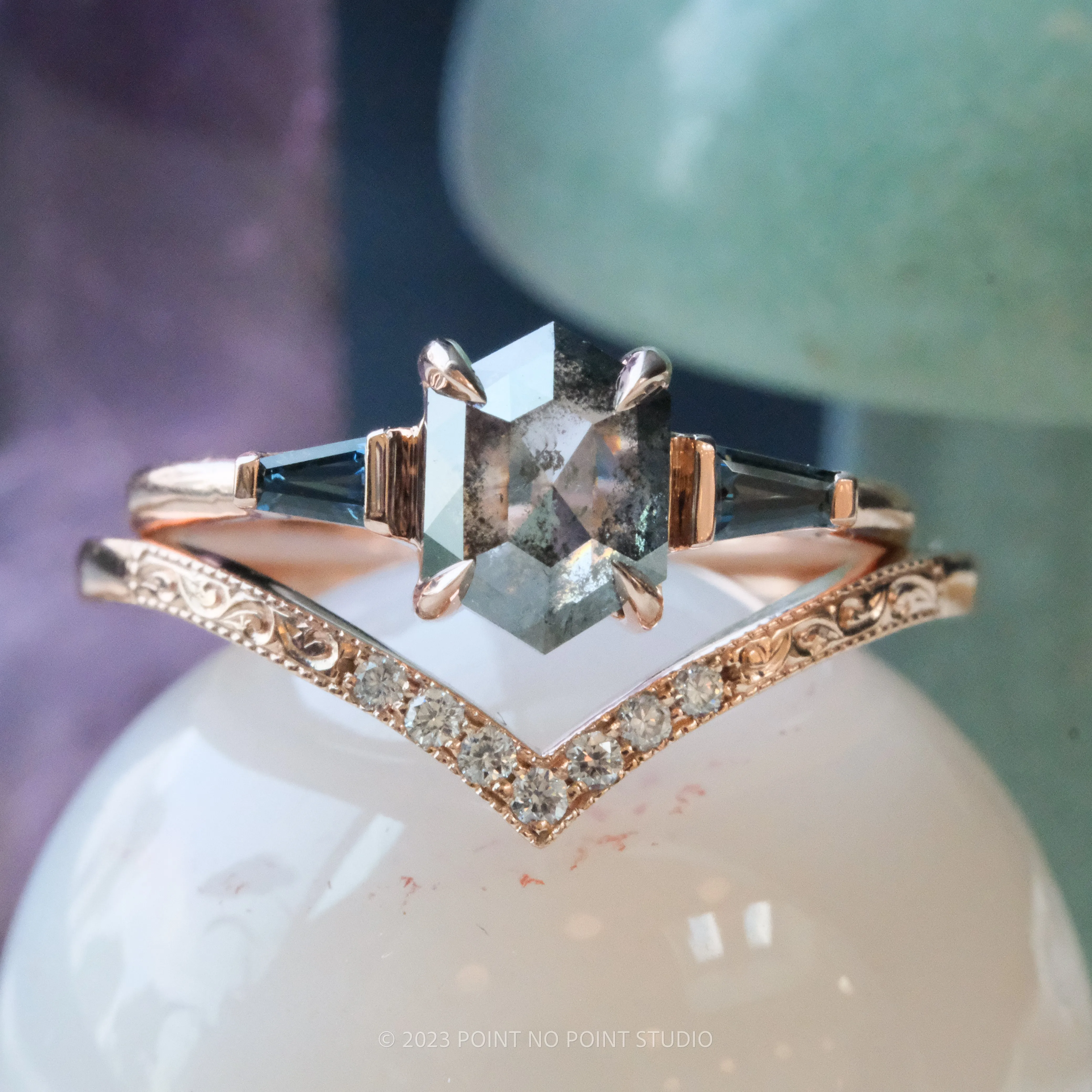 1.25 Carat Salt and Pepper Hexagon Diamond Engagement Ring, Zoe Setting, 14K Rose Gold