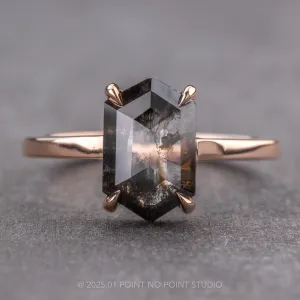 1.65 Carat Black Speckled Hexagon Diamond Engagement Ring, Jane Setting, 14k Rose Gold