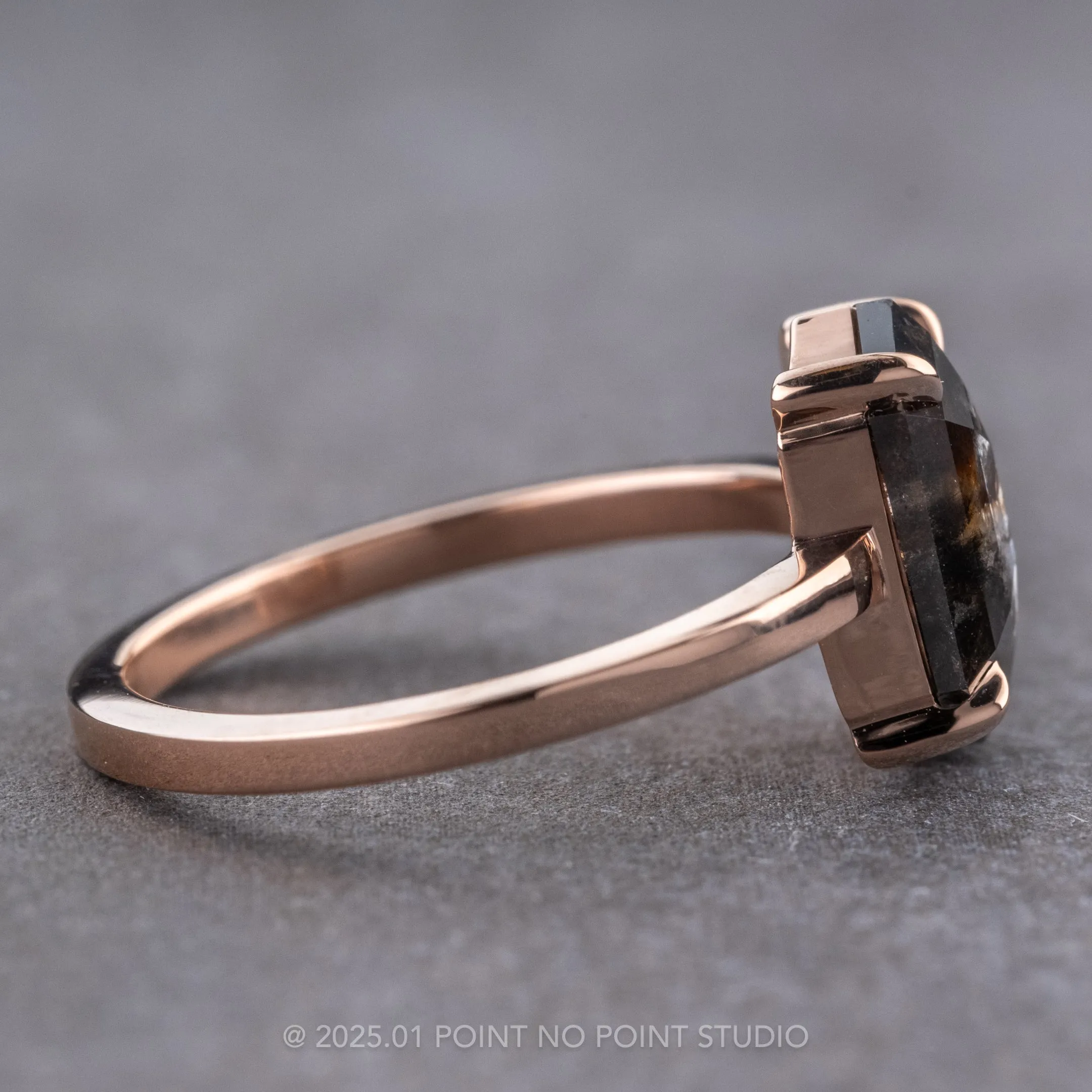 1.65 Carat Black Speckled Hexagon Diamond Engagement Ring, Jane Setting, 14k Rose Gold