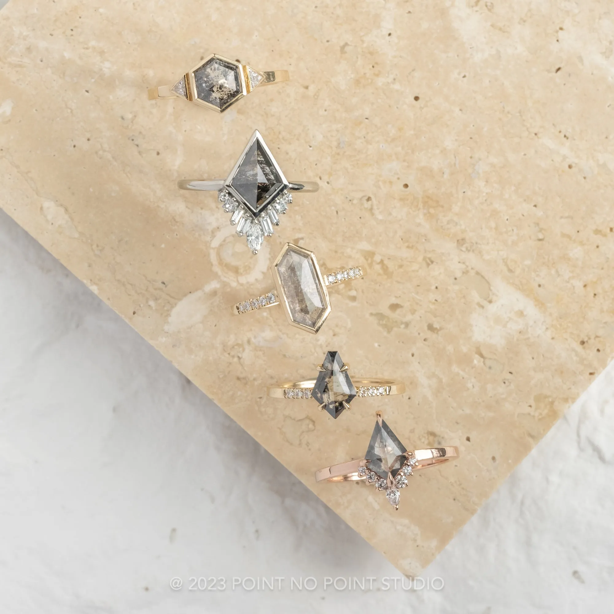 1.66 Carat Salt and Pepper Hexagon Diamond Engagement Ring, Bezel Zoe Setting, 14K Yellow Gold