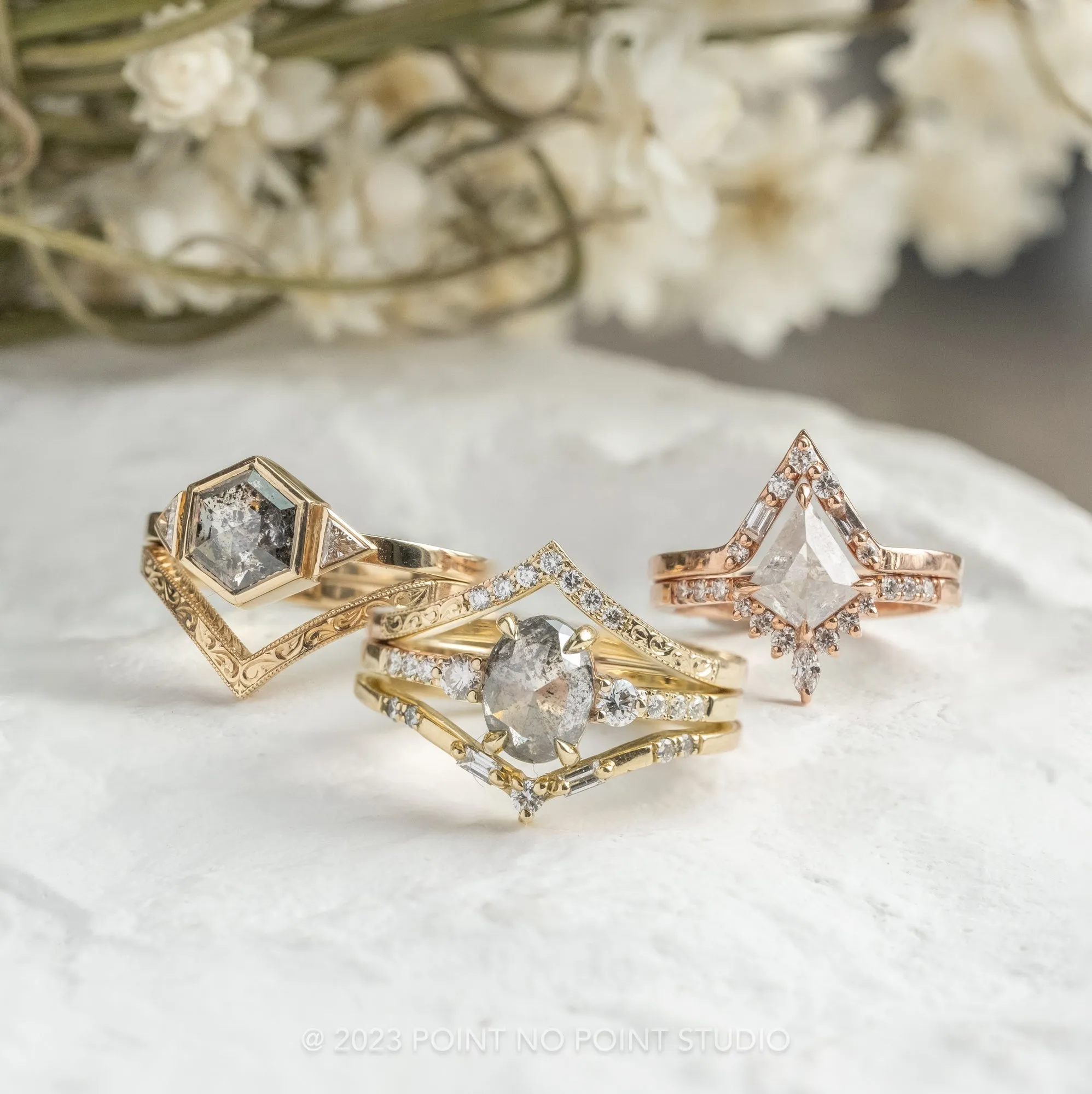 1.66 Carat Salt and Pepper Hexagon Diamond Engagement Ring, Bezel Zoe Setting, 14K Yellow Gold