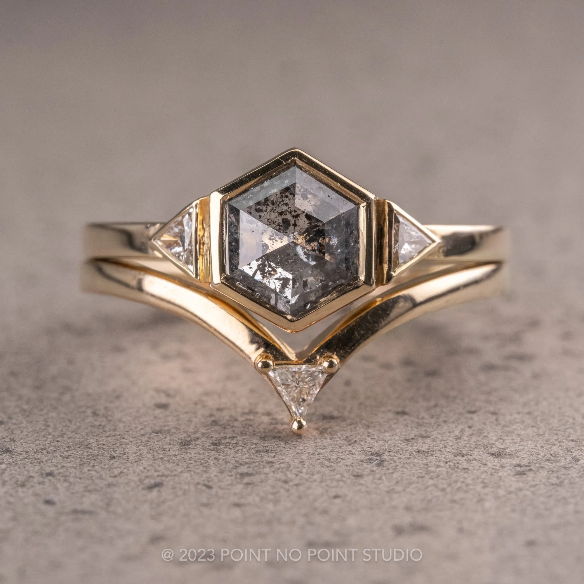 1.66 Carat Salt and Pepper Hexagon Diamond Engagement Ring, Bezel Zoe Setting, 14K Yellow Gold