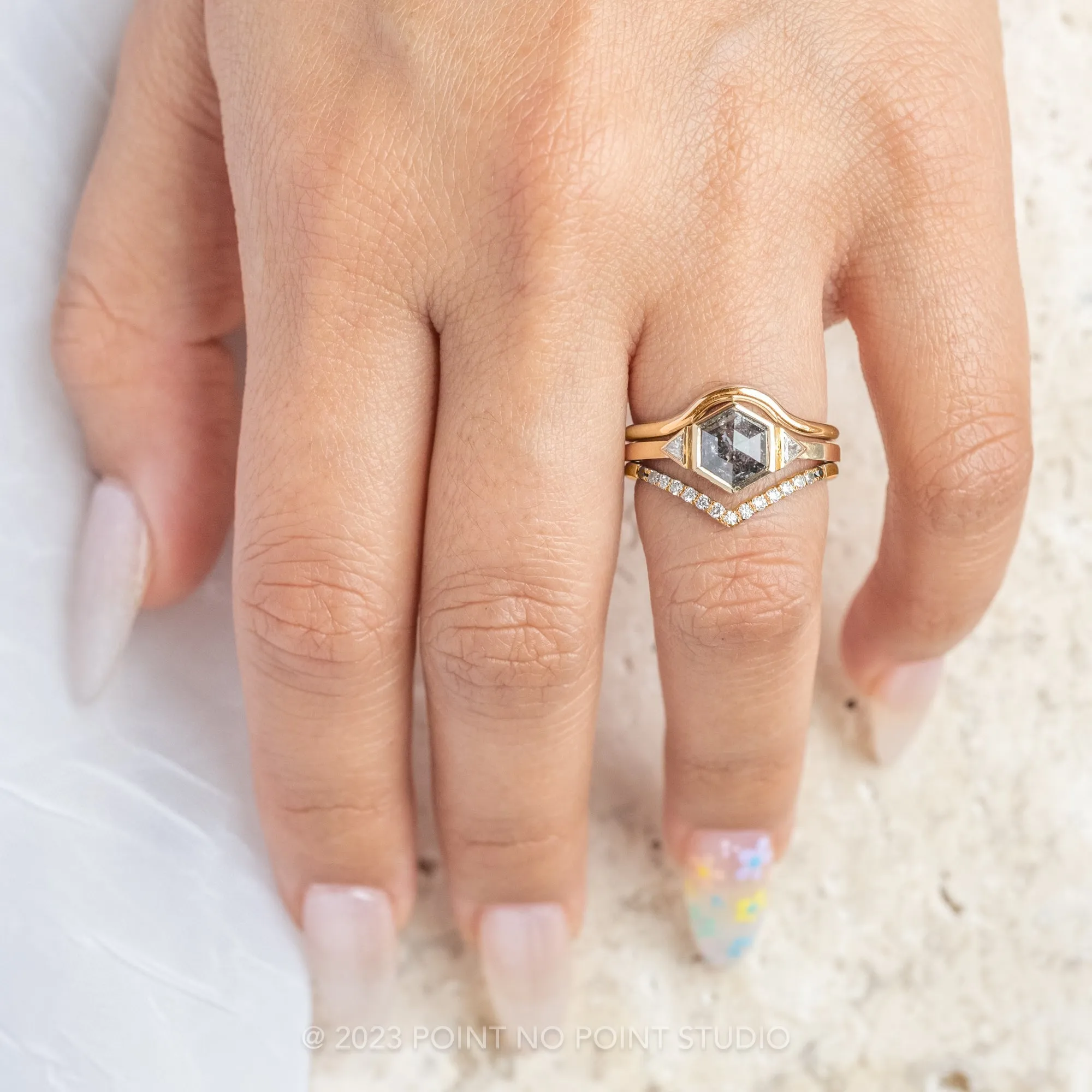 1.66 Carat Salt and Pepper Hexagon Diamond Engagement Ring, Bezel Zoe Setting, 14K Yellow Gold