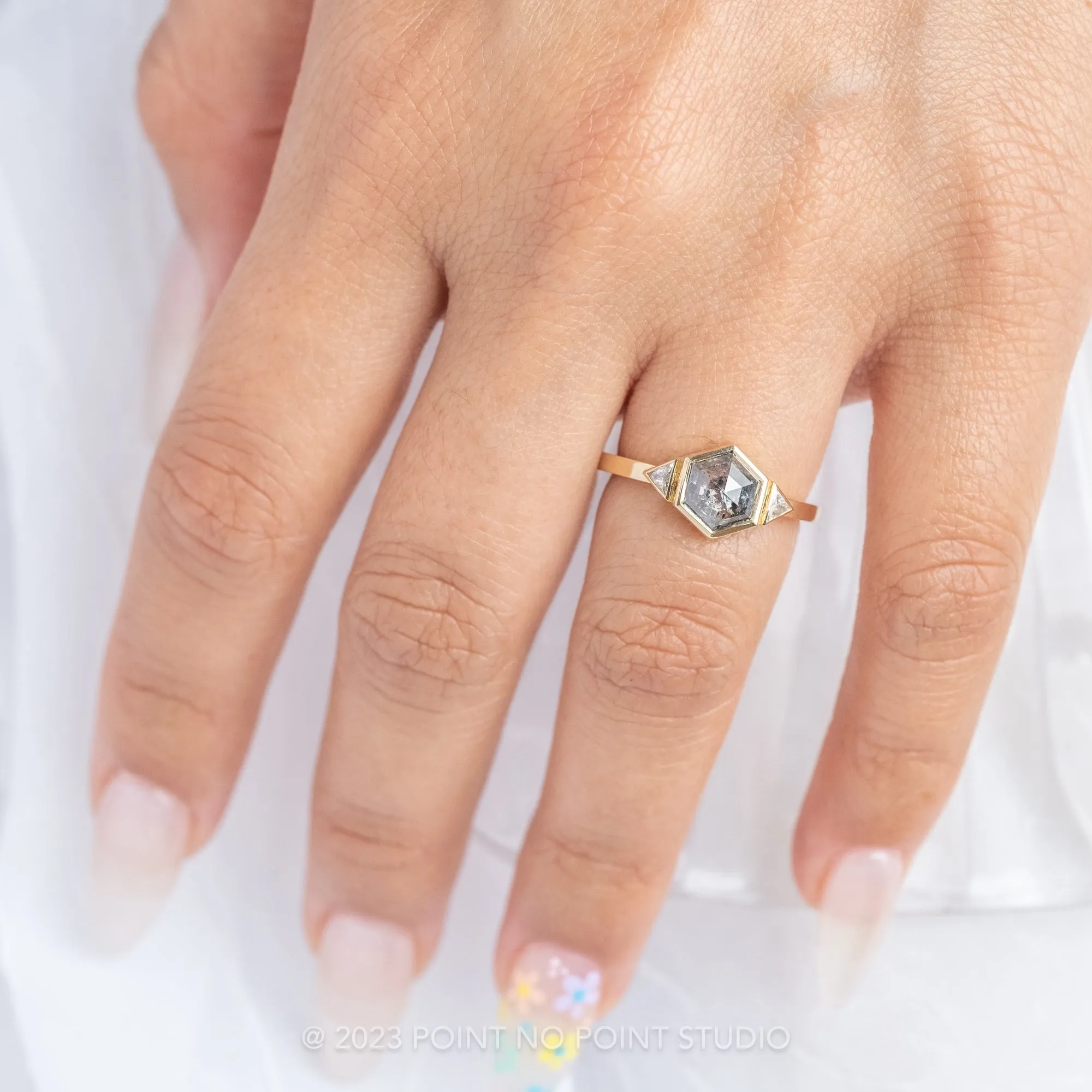 1.66 Carat Salt and Pepper Hexagon Diamond Engagement Ring, Bezel Zoe Setting, 14K Yellow Gold