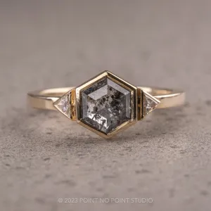 1.66 Carat Salt and Pepper Hexagon Diamond Engagement Ring, Bezel Zoe Setting, 14K Yellow Gold