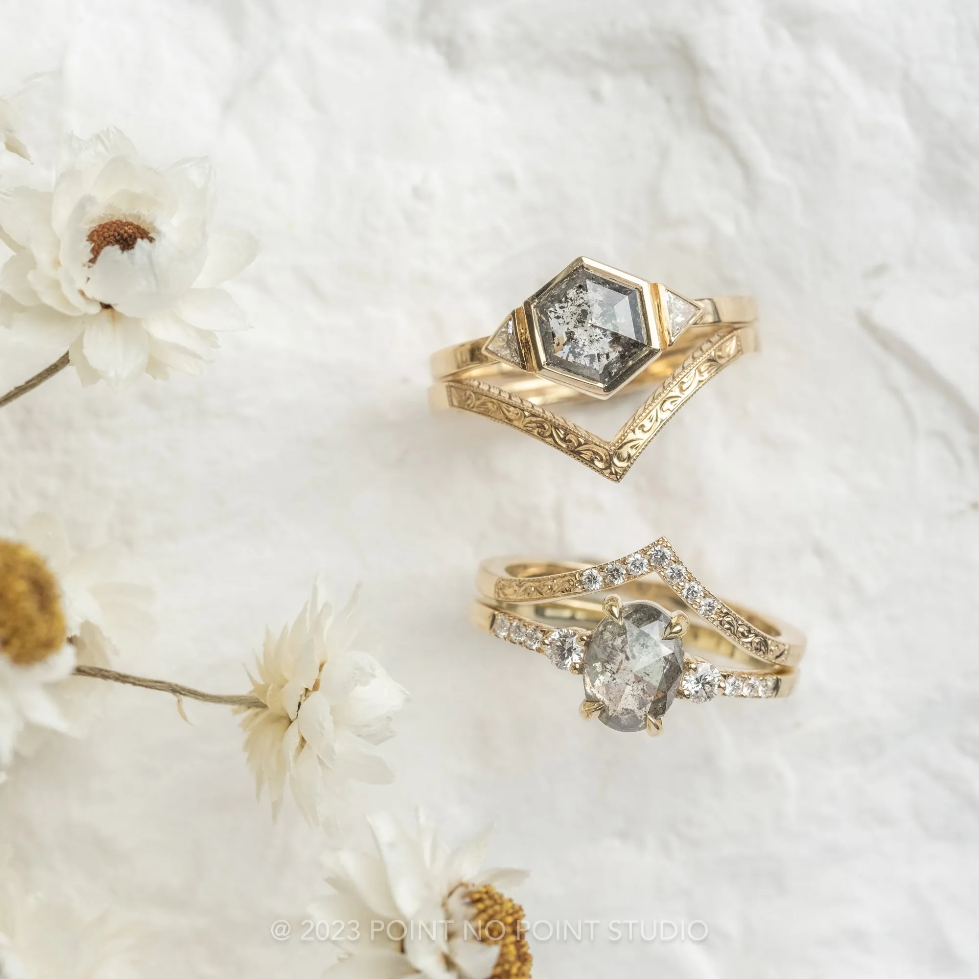 1.66 Carat Salt and Pepper Hexagon Diamond Engagement Ring, Bezel Zoe Setting, 14K Yellow Gold