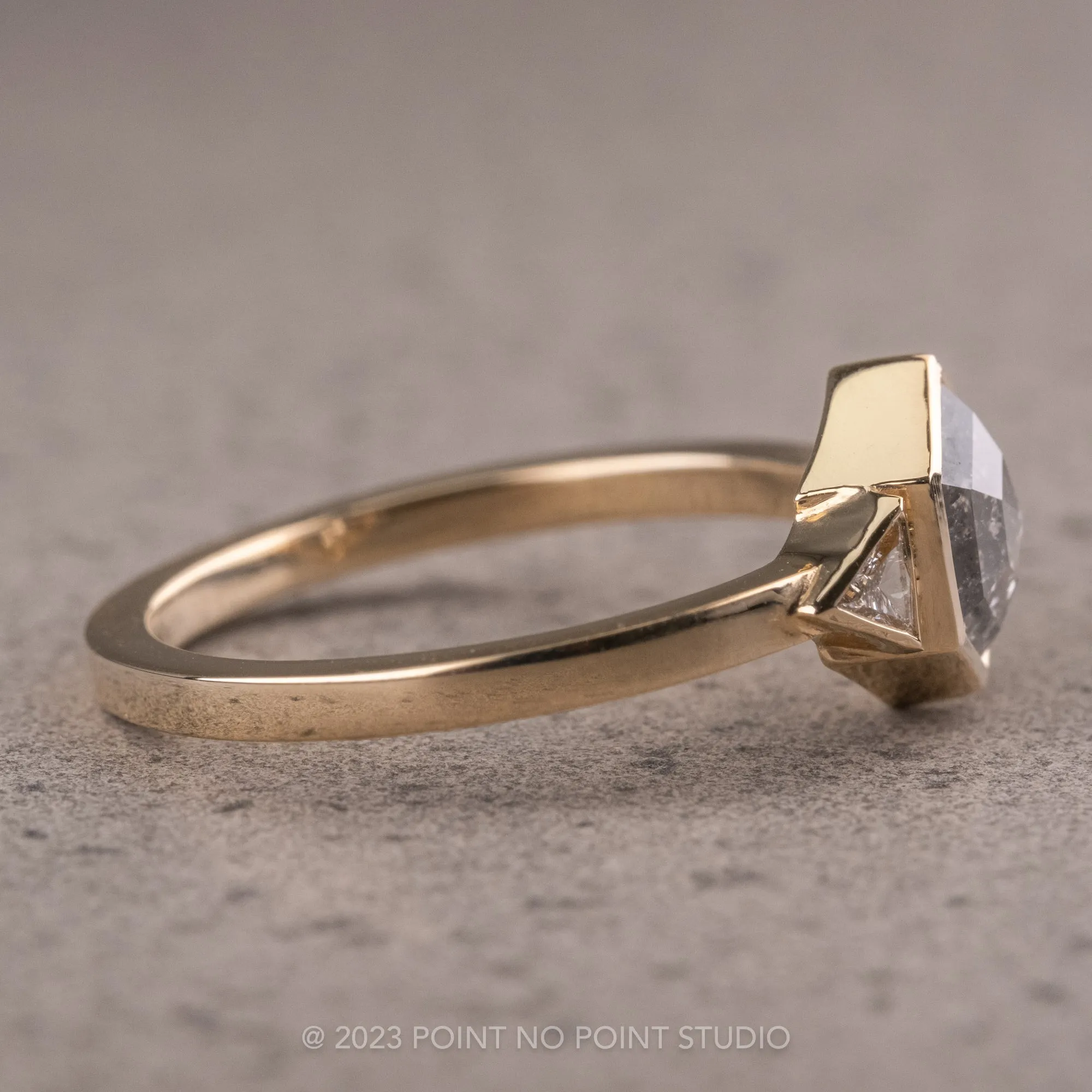1.66 Carat Salt and Pepper Hexagon Diamond Engagement Ring, Bezel Zoe Setting, 14K Yellow Gold