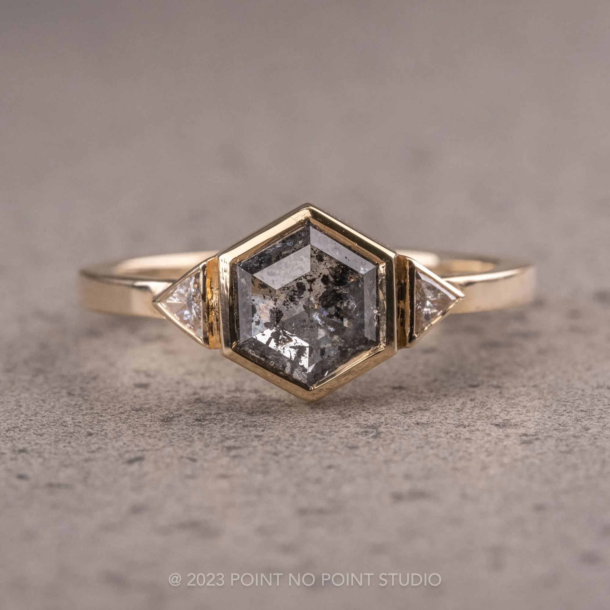 1.66 Carat Salt and Pepper Hexagon Diamond Engagement Ring, Bezel Zoe Setting, 14K Yellow Gold