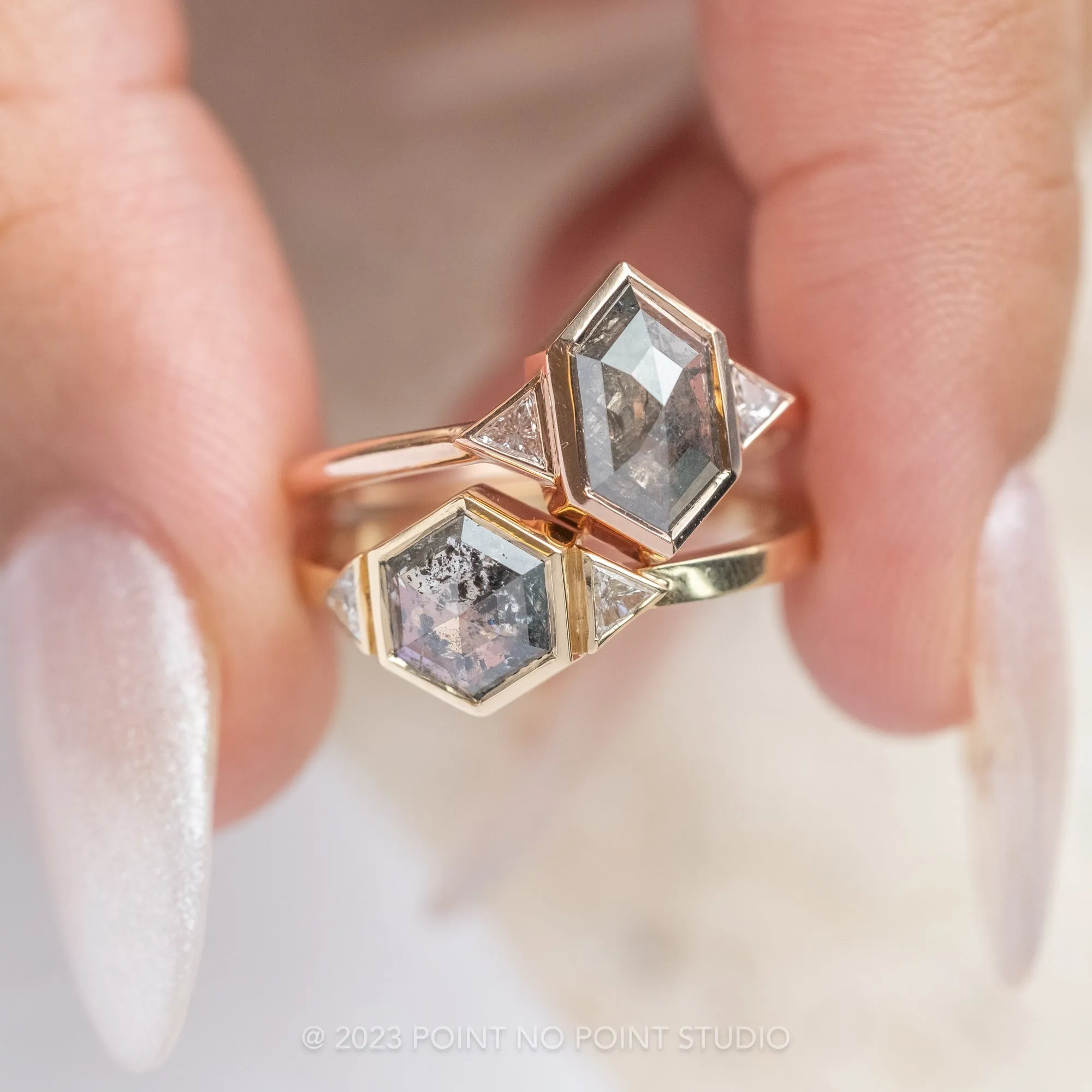 1.66 Carat Salt and Pepper Hexagon Diamond Engagement Ring, Bezel Zoe Setting, 14K Yellow Gold