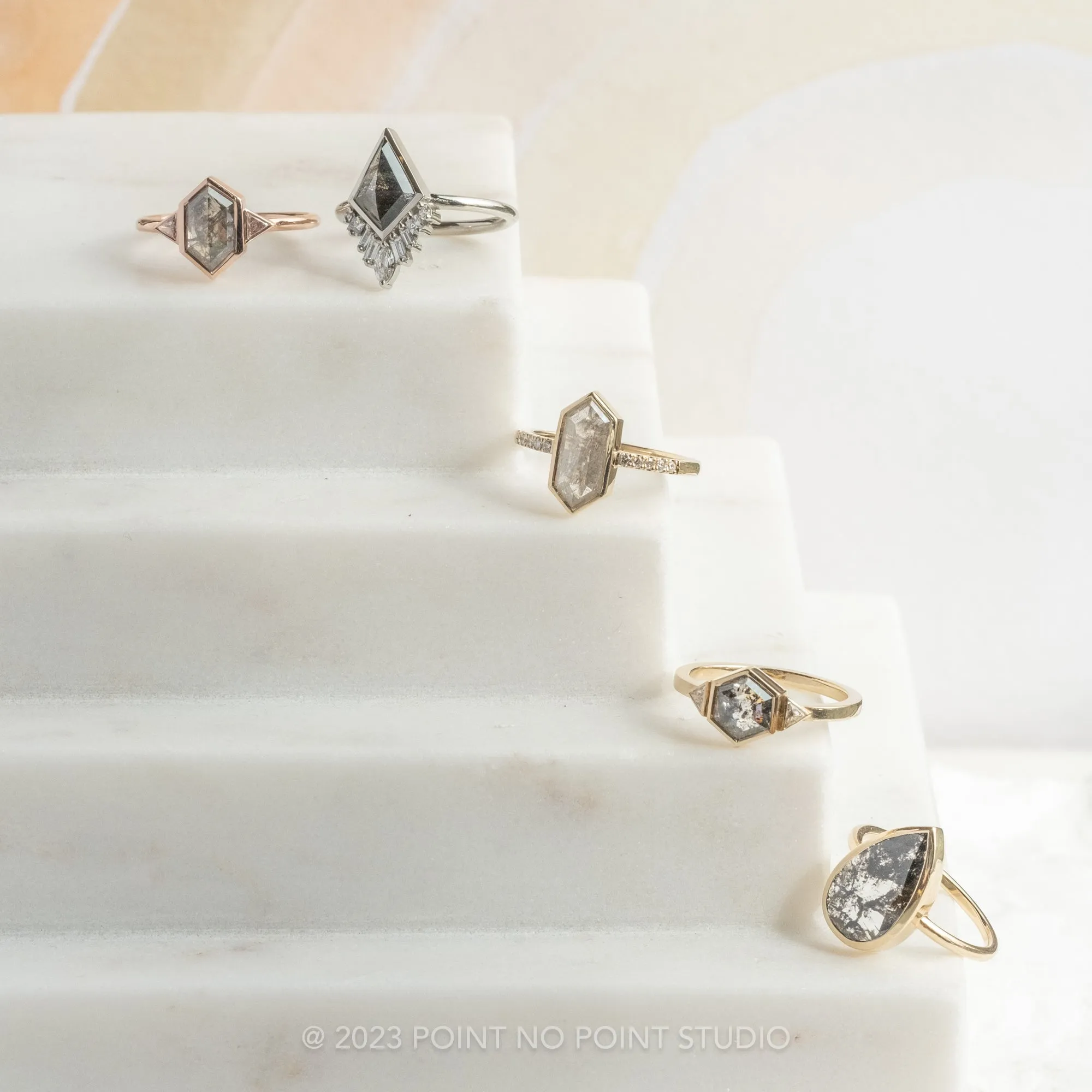 1.66 Carat Salt and Pepper Hexagon Diamond Engagement Ring, Bezel Zoe Setting, 14K Yellow Gold