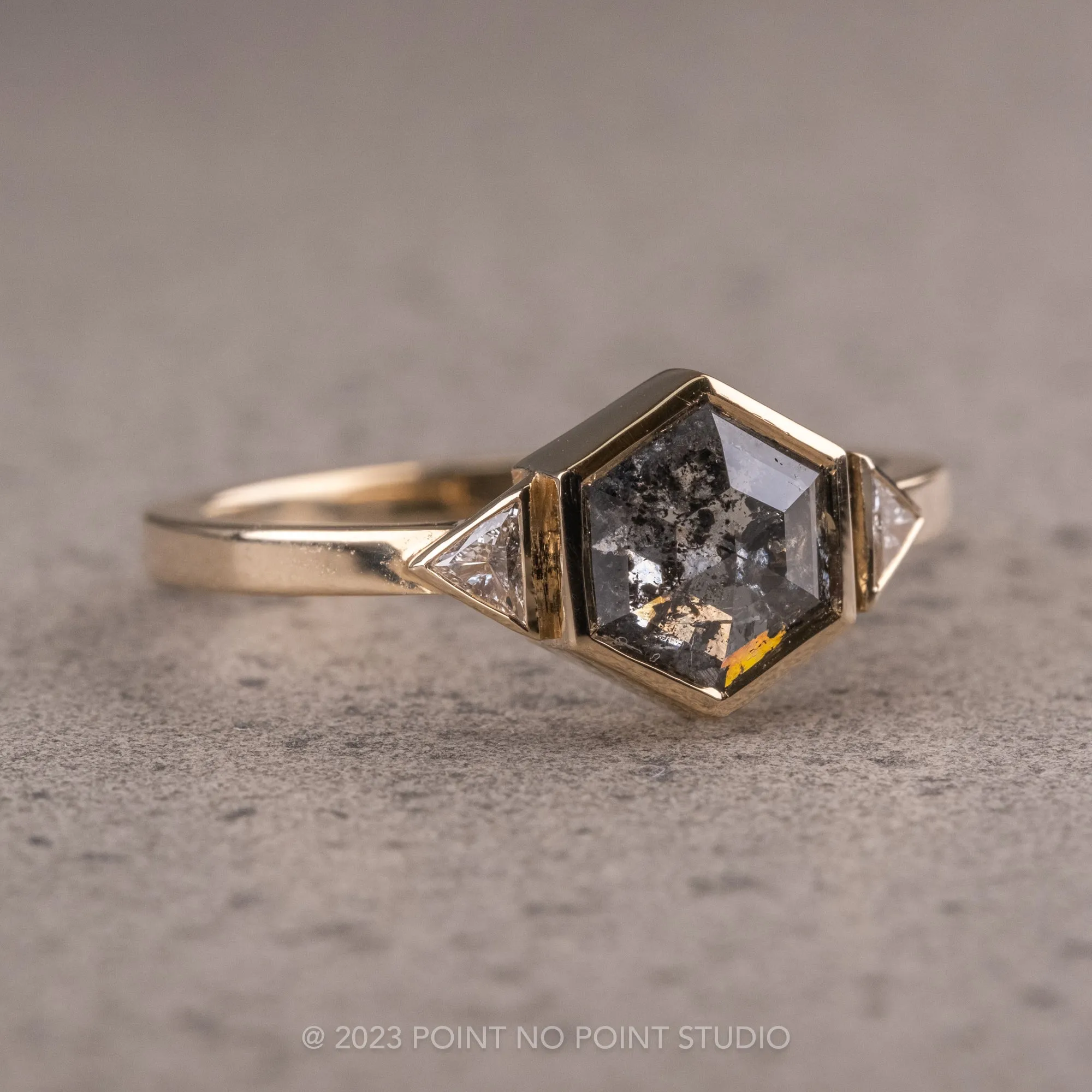 1.66 Carat Salt and Pepper Hexagon Diamond Engagement Ring, Bezel Zoe Setting, 14K Yellow Gold