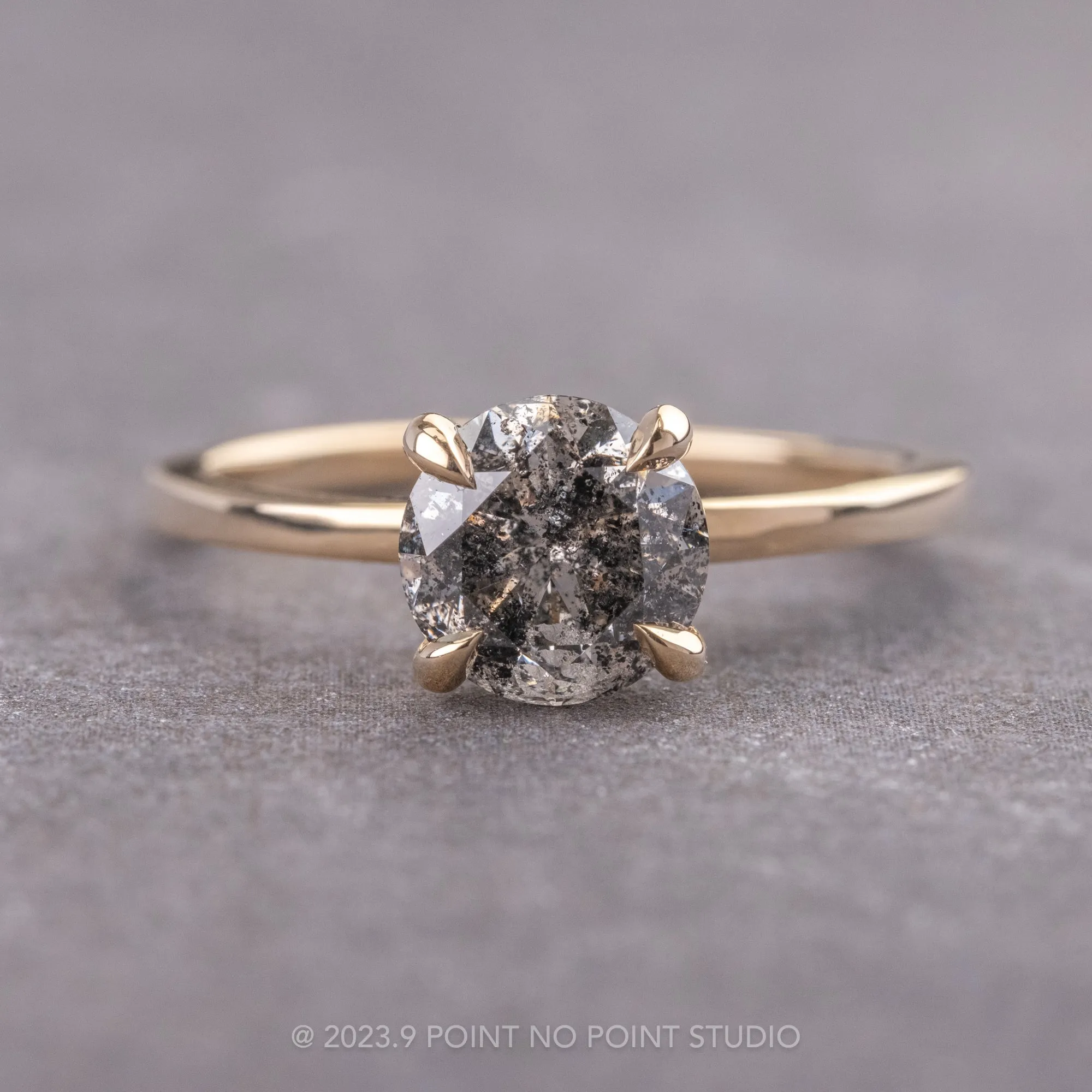 1.67 Carat Salt and Pepper Round Diamond Engagement Ring, Tulip Jane Setting, 14k Yellow Gold