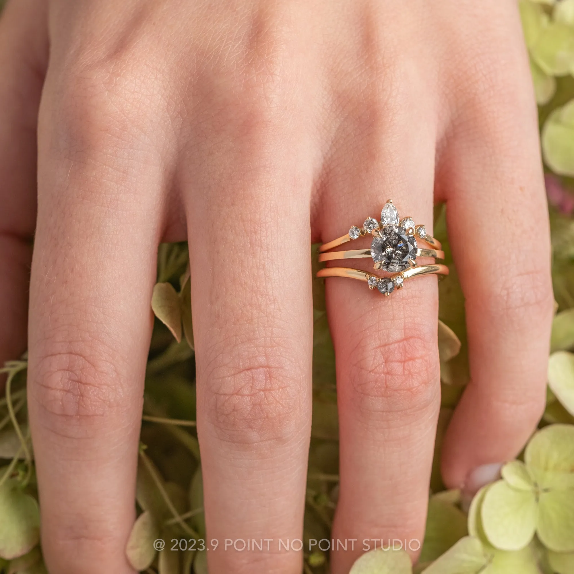 1.67 Carat Salt and Pepper Round Diamond Engagement Ring, Tulip Jane Setting, 14k Yellow Gold