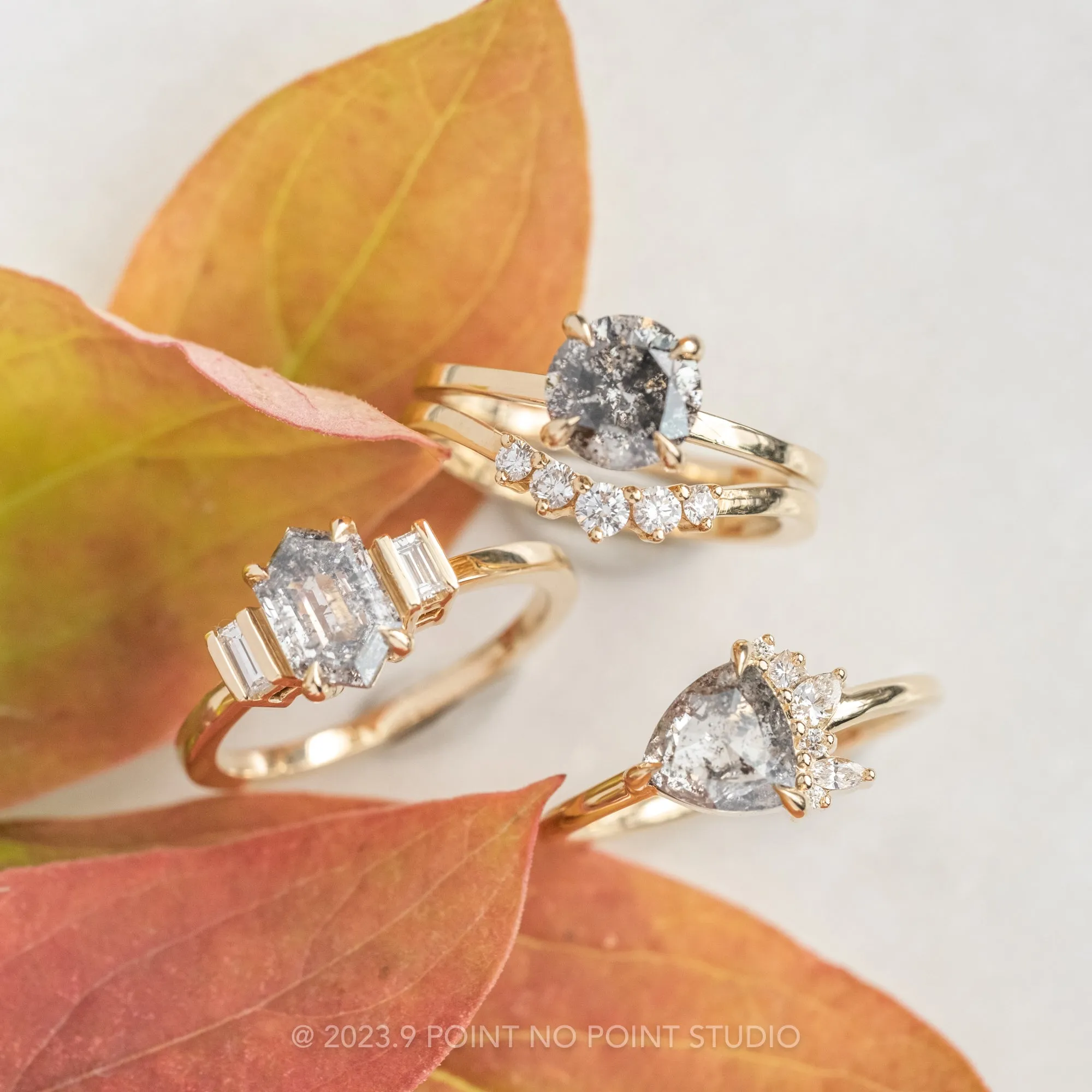 1.67 Carat Salt and Pepper Round Diamond Engagement Ring, Tulip Jane Setting, 14k Yellow Gold