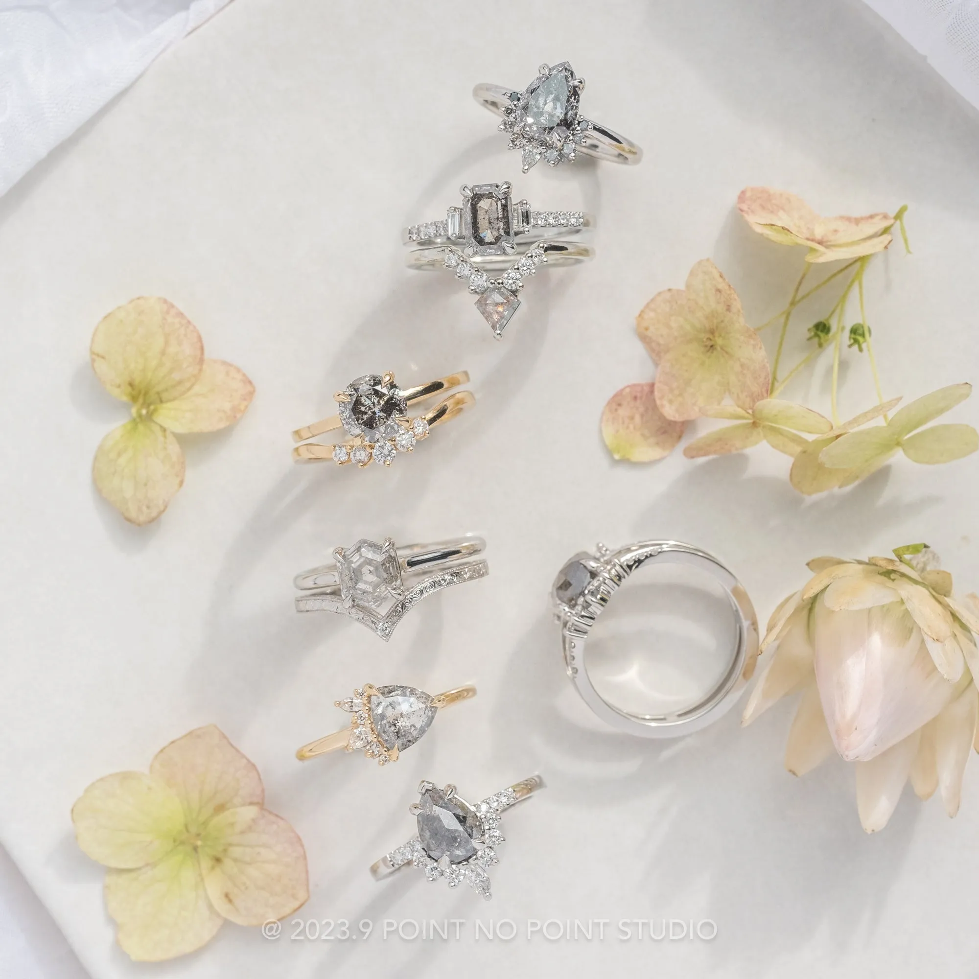 1.67 Carat Salt and Pepper Round Diamond Engagement Ring, Tulip Jane Setting, 14k Yellow Gold