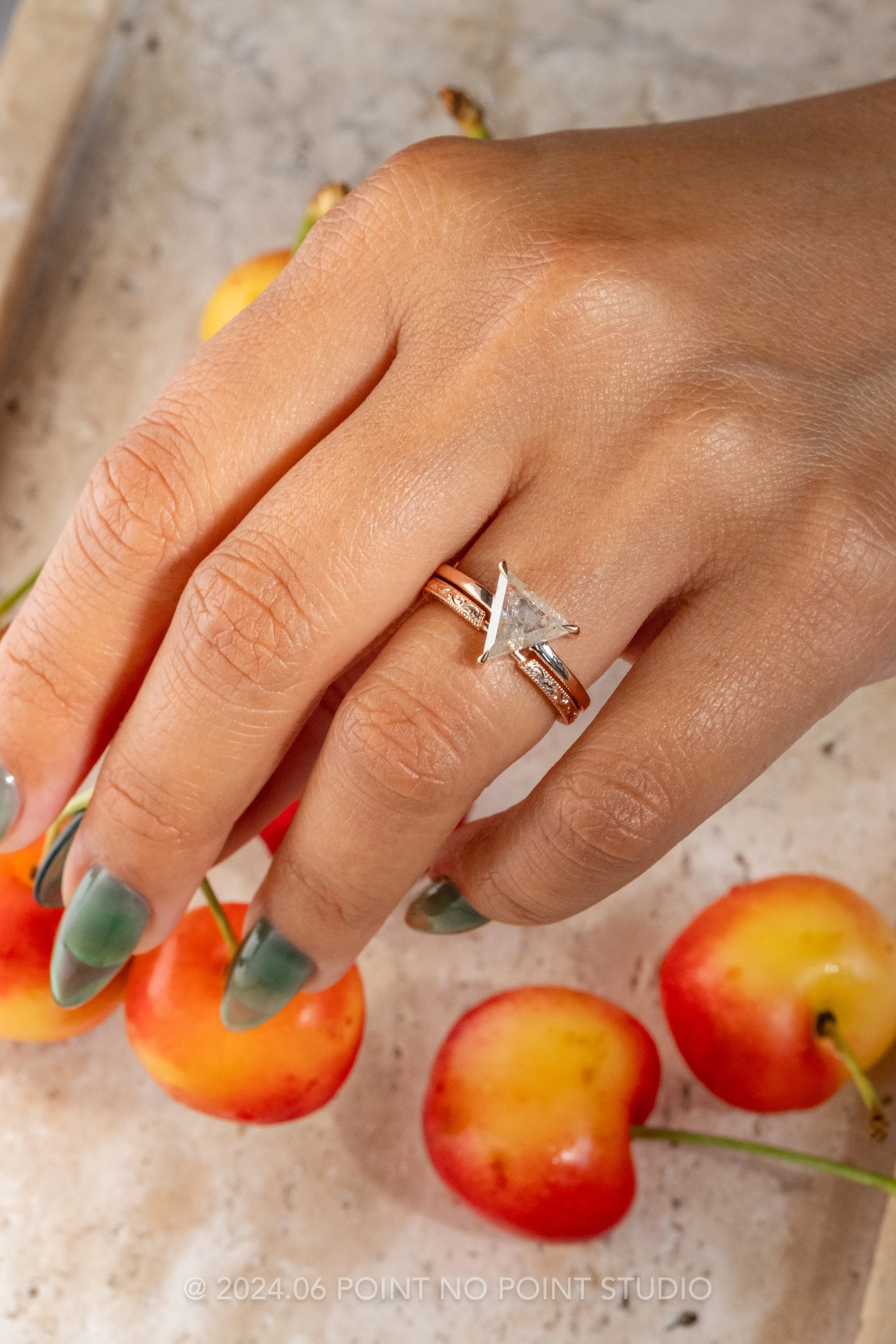 1.75 Carat Orange Speckled Icy White Triangle Diamond Engagement Ring, Jane Setting, 14K Rose Gold