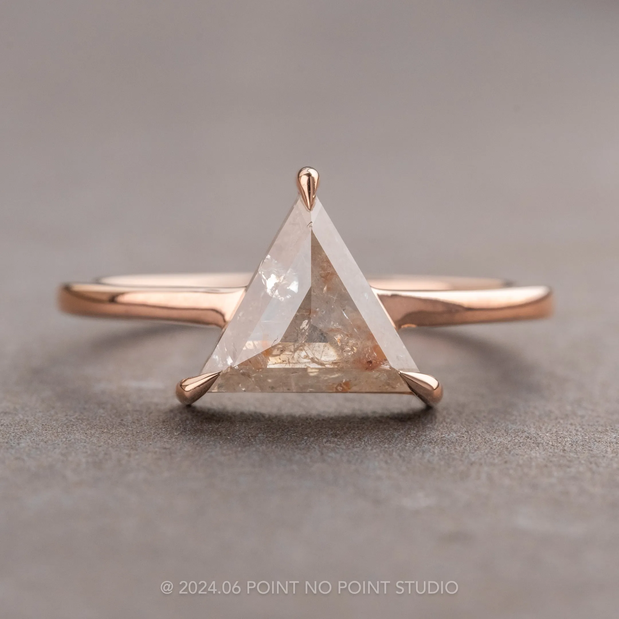 1.75 Carat Orange Speckled Icy White Triangle Diamond Engagement Ring, Jane Setting, 14K Rose Gold
