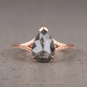 1.77 Carat Black Speckled Pear Diamond Engagement Ring, Split Shank Jane, 14K Rose Gold