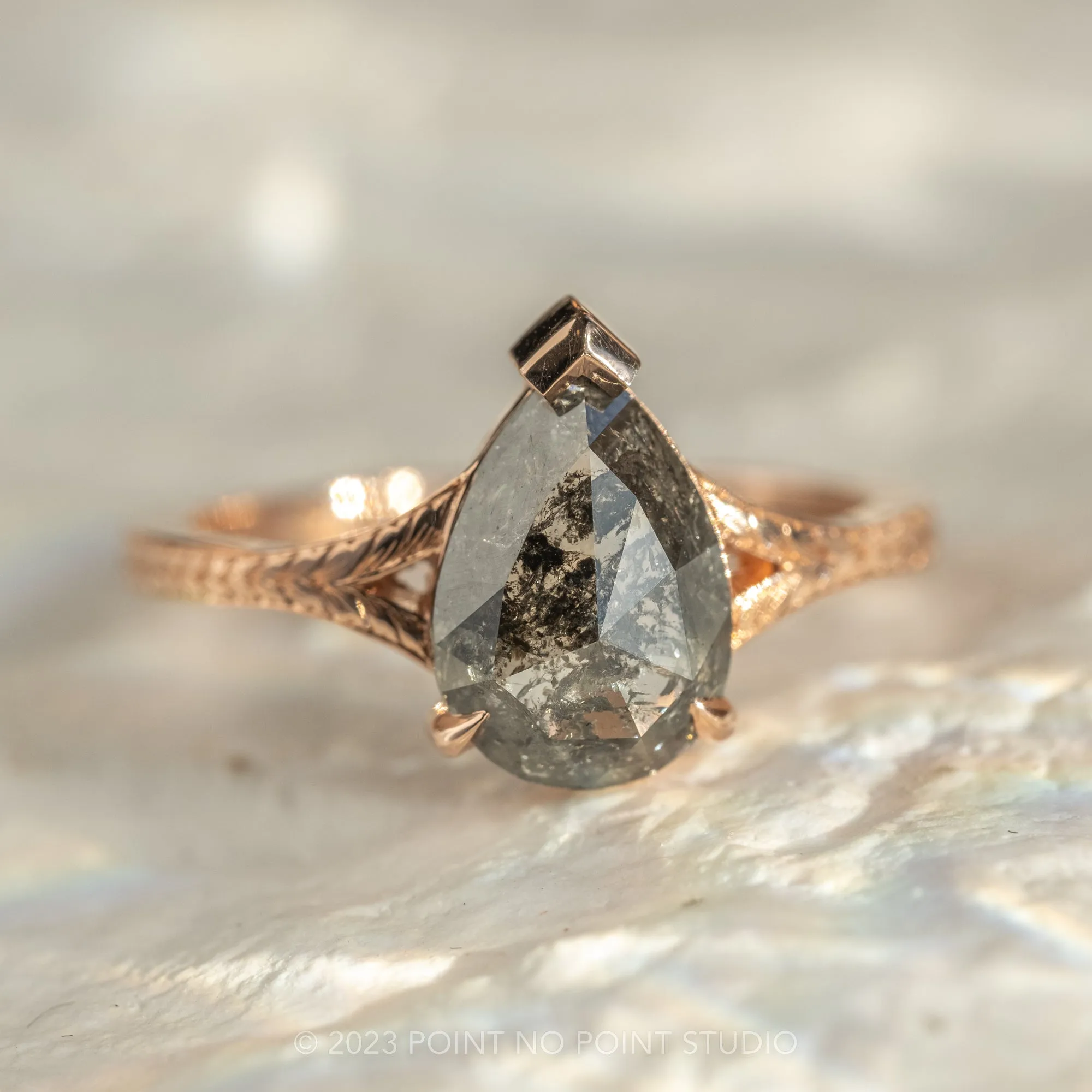 1.77 Carat Black Speckled Pear Diamond Engagement Ring, Split Shank Jane, 14K Rose Gold