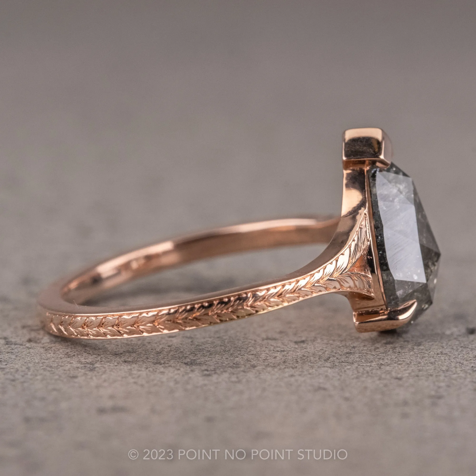 1.77 Carat Black Speckled Pear Diamond Engagement Ring, Split Shank Jane, 14K Rose Gold