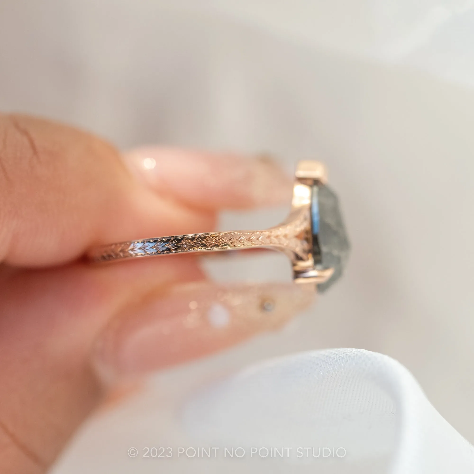1.77 Carat Black Speckled Pear Diamond Engagement Ring, Split Shank Jane, 14K Rose Gold