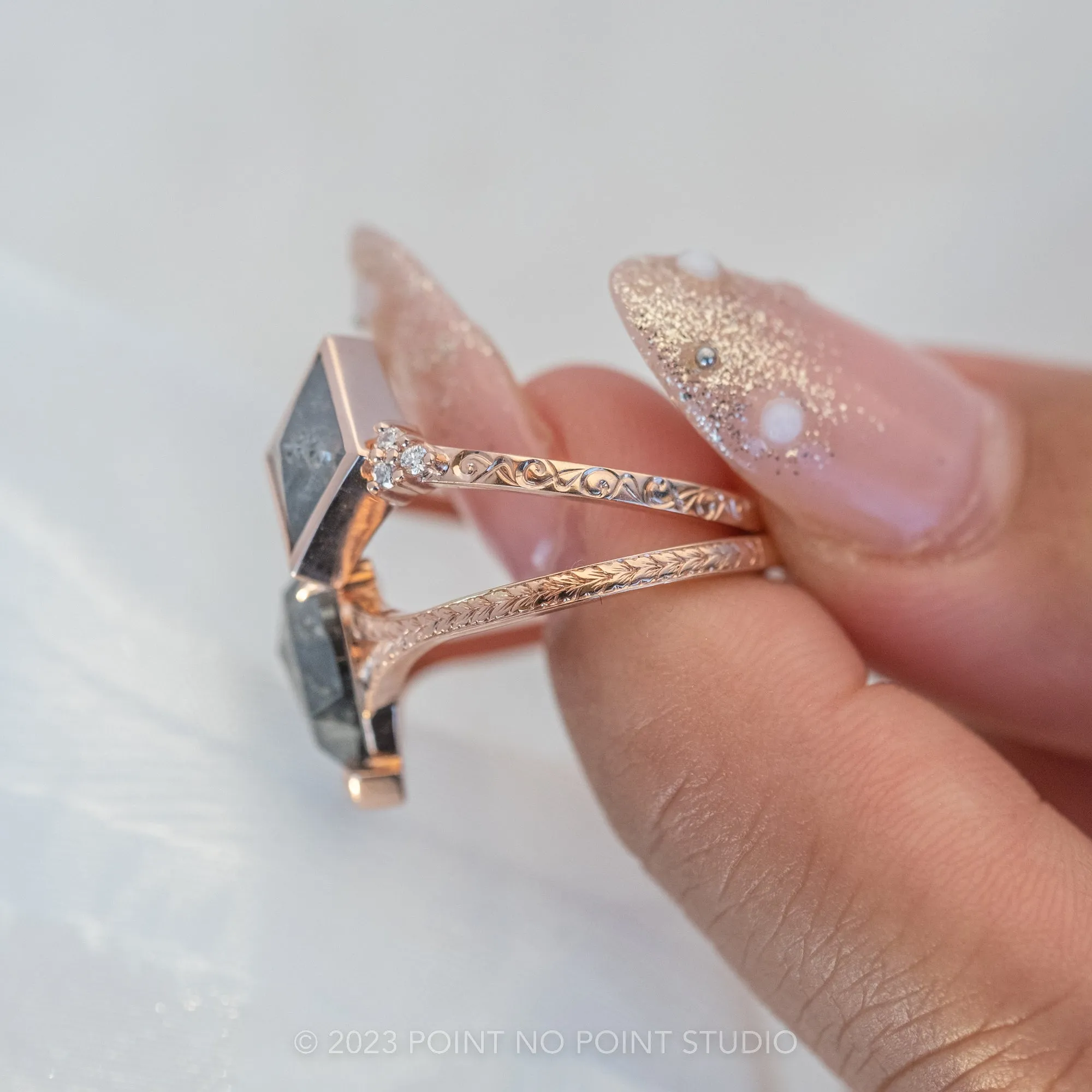 1.77 Carat Black Speckled Pear Diamond Engagement Ring, Split Shank Jane, 14K Rose Gold