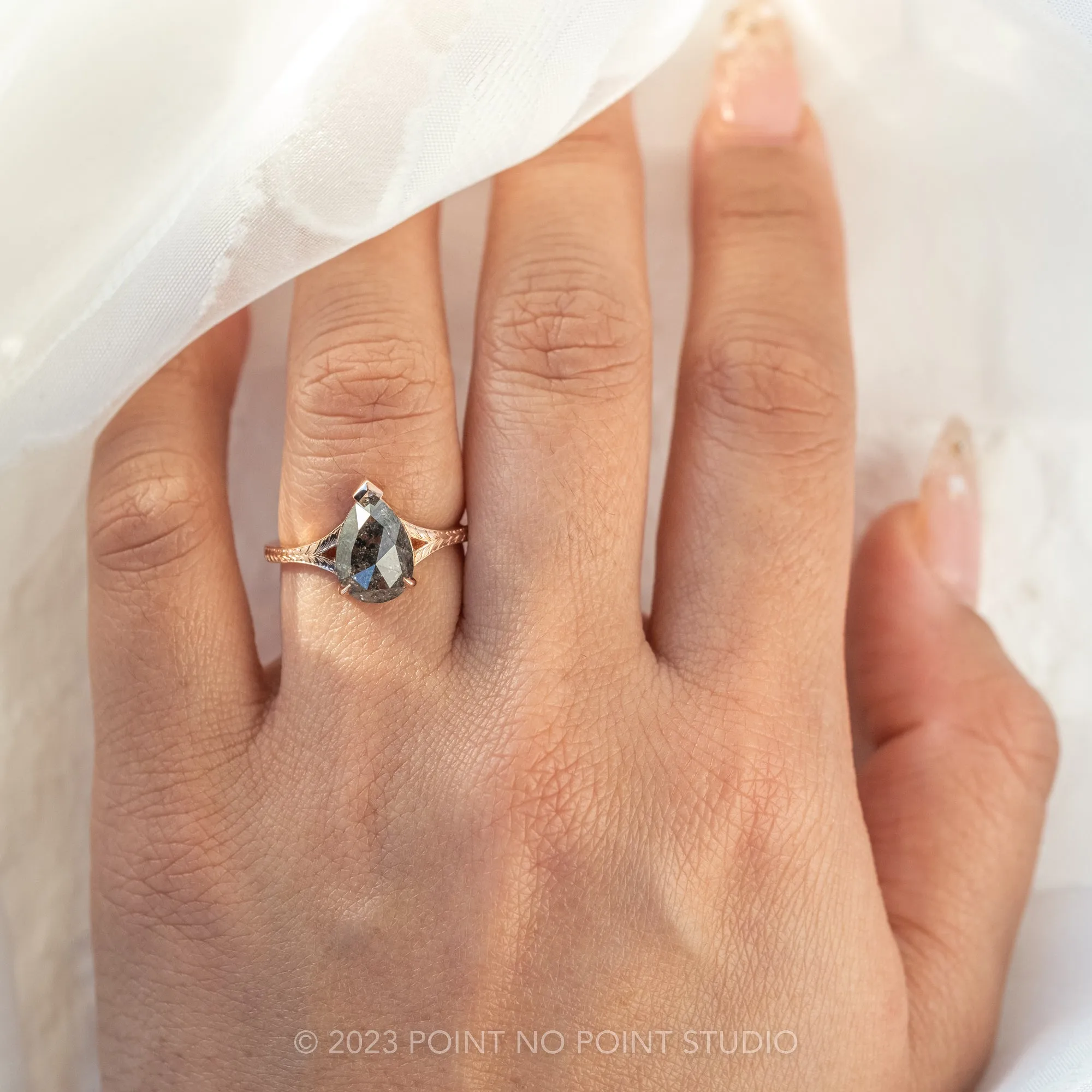 1.77 Carat Black Speckled Pear Diamond Engagement Ring, Split Shank Jane, 14K Rose Gold