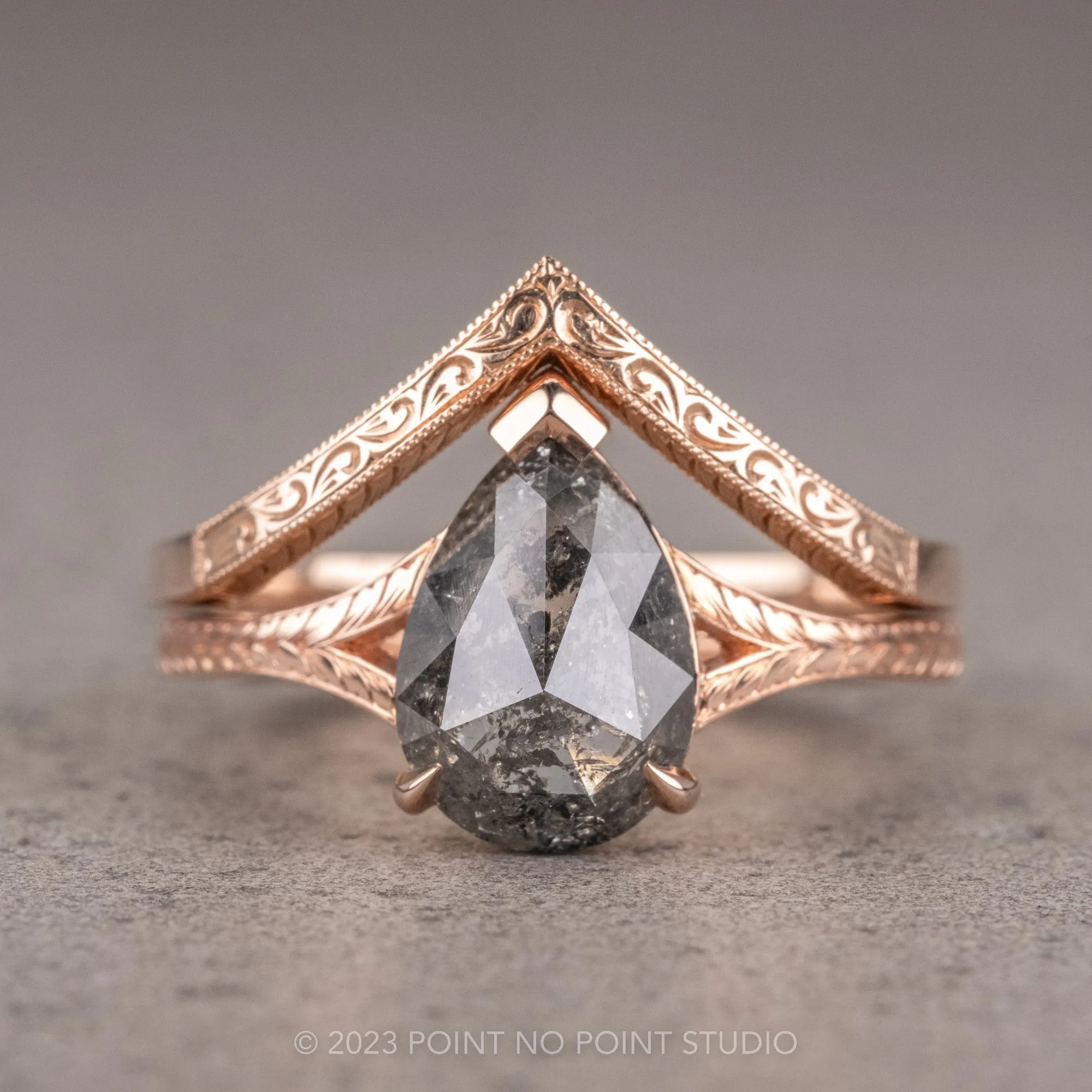 1.77 Carat Black Speckled Pear Diamond Engagement Ring, Split Shank Jane, 14K Rose Gold
