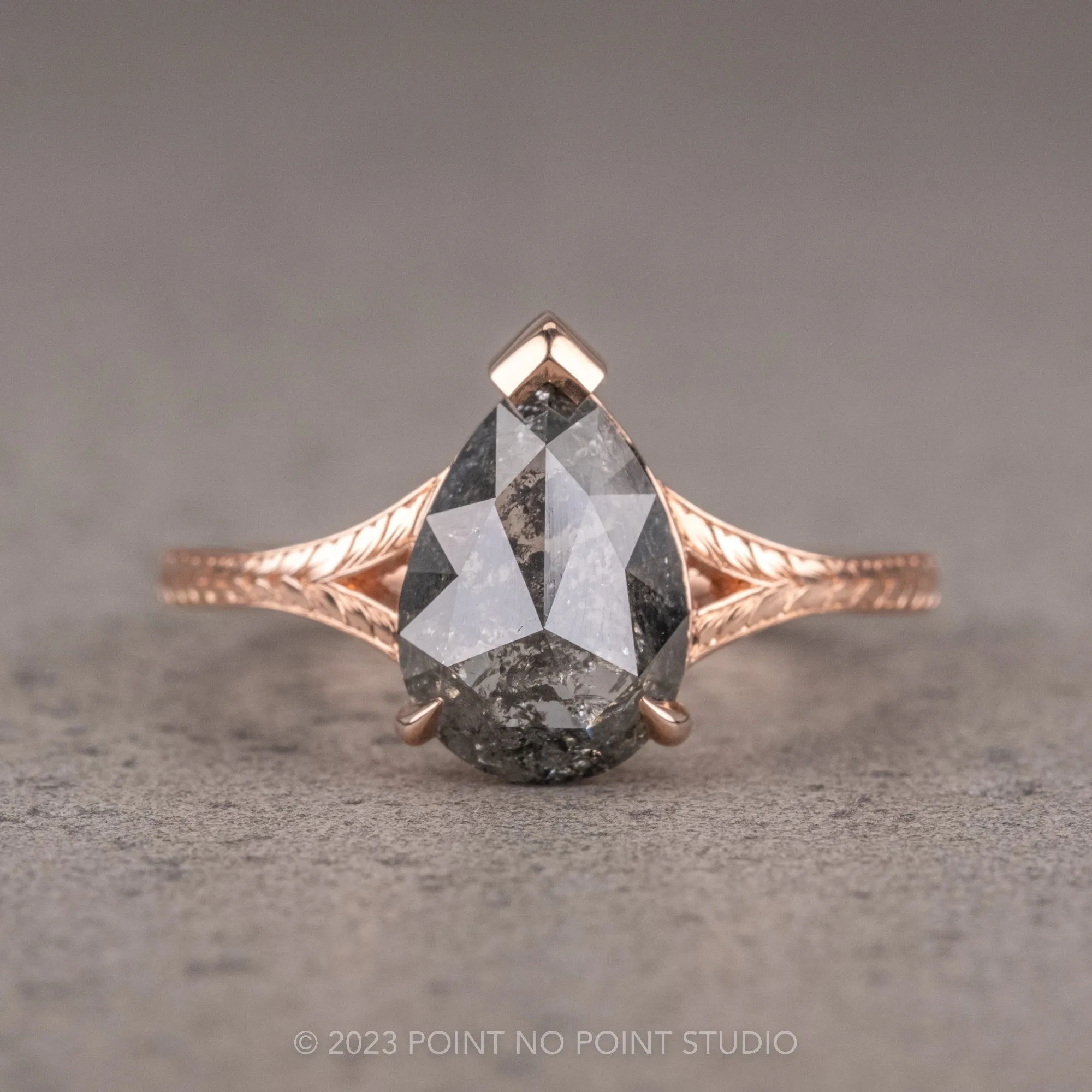 1.77 Carat Black Speckled Pear Diamond Engagement Ring, Split Shank Jane, 14K Rose Gold