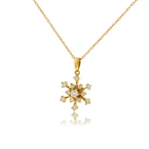 18K Yellow Gold .34 Carat Diamond Snowflake Pendant with Chain