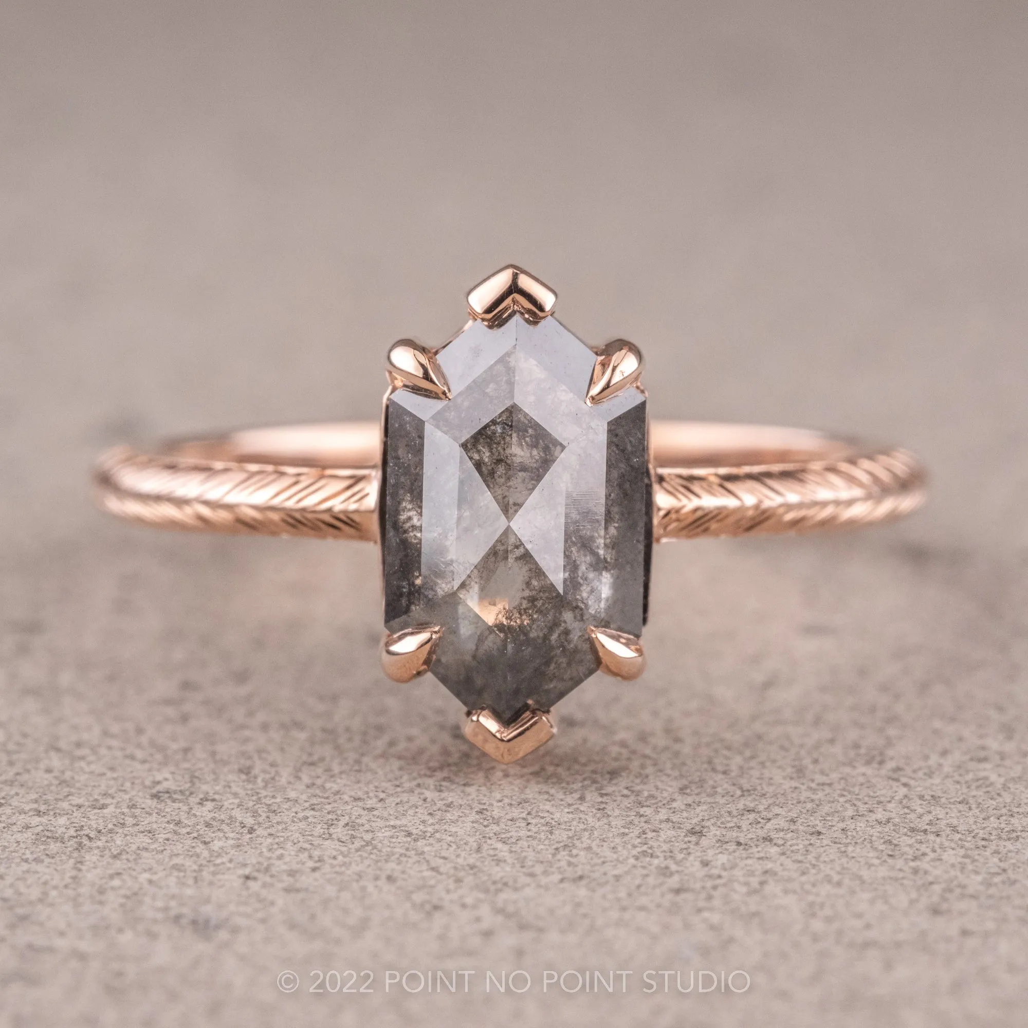 1.92 Carat Salt and Pepper Hexagon Diamond Engagement Ring, Engraved Jane Setting, 14K Rose Gold